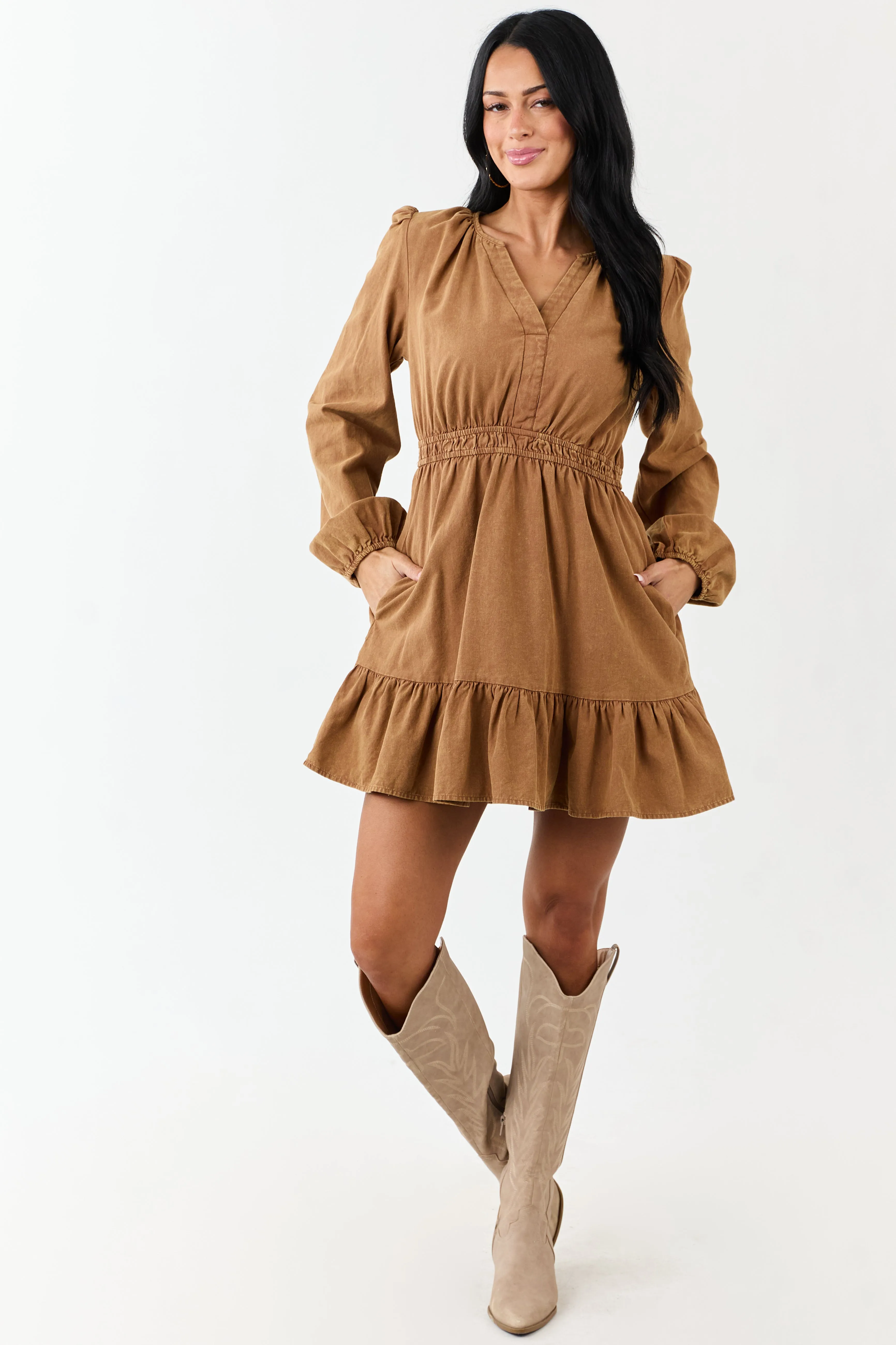 Copper Mineral Wash Denim Long Sleeve Mini Dress sold by Lime Lush