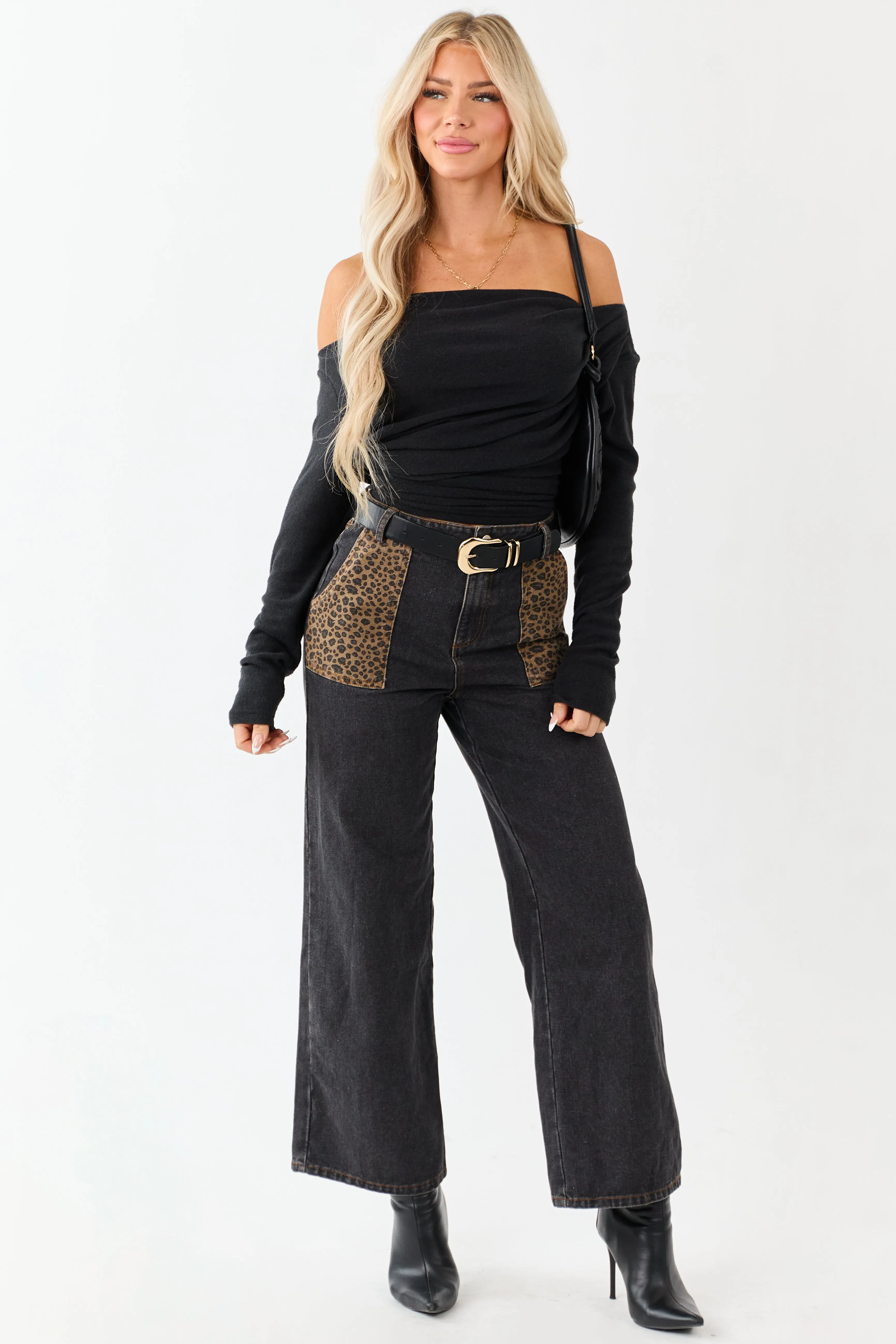 Black Leopard Print Paneling Wide Leg High Rise Jeans sold by Lime Lush product image thumbnail 2