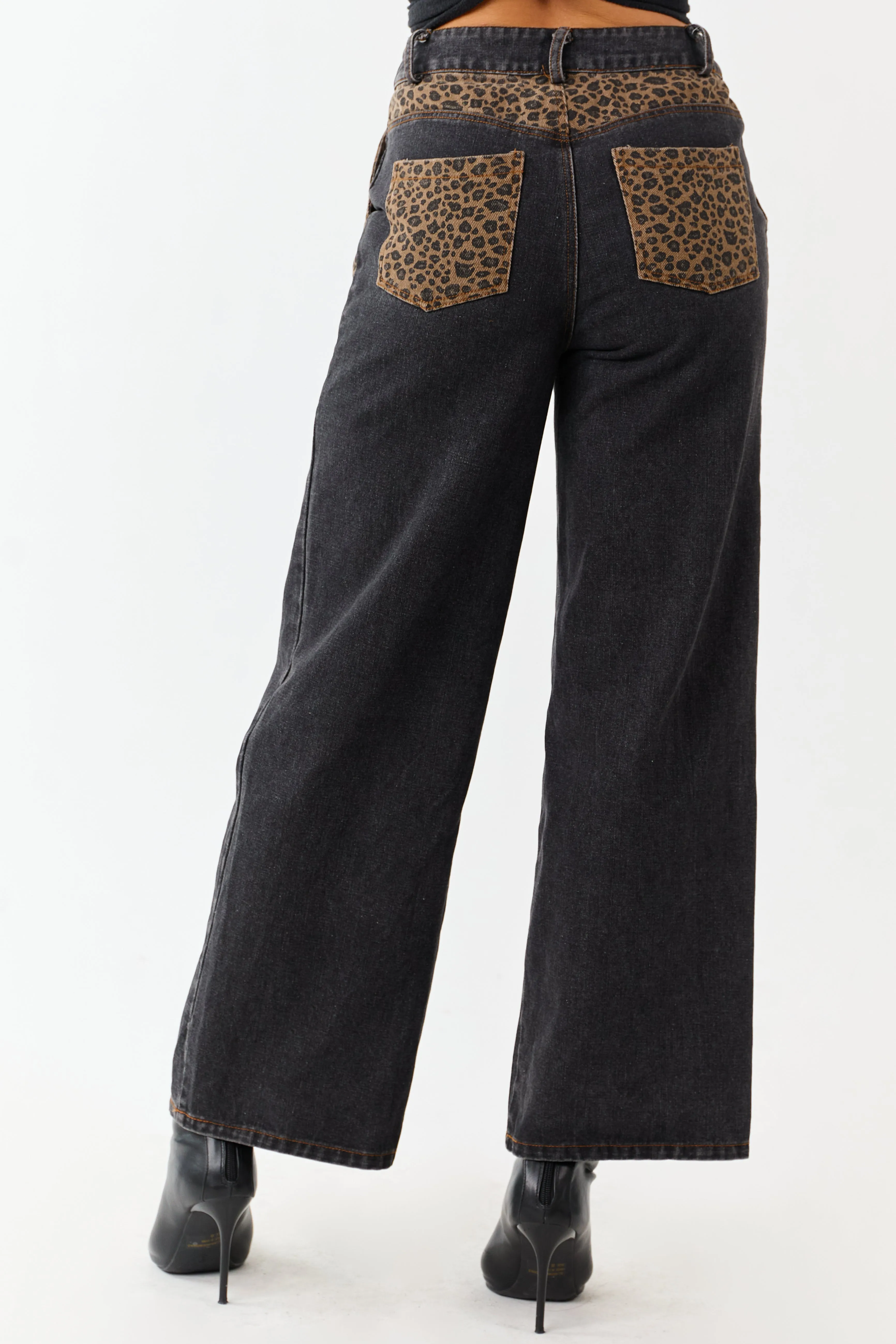 Black Leopard Print Paneling Wide Leg High Rise Jeans sold by Lime Lush product image thumbnail 4