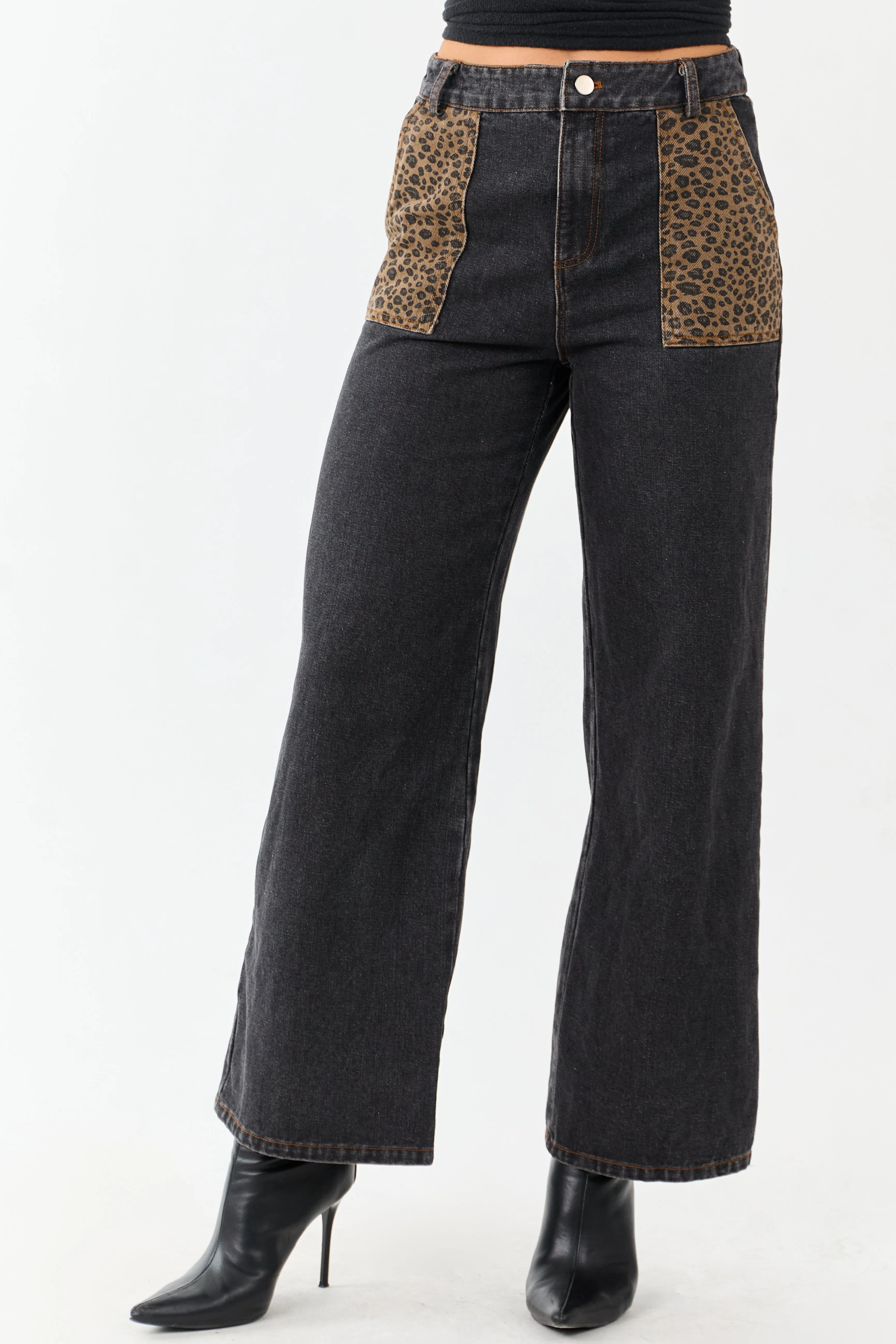 Black Leopard Print Paneling Wide Leg High Rise Jeans sold by Lime Lush