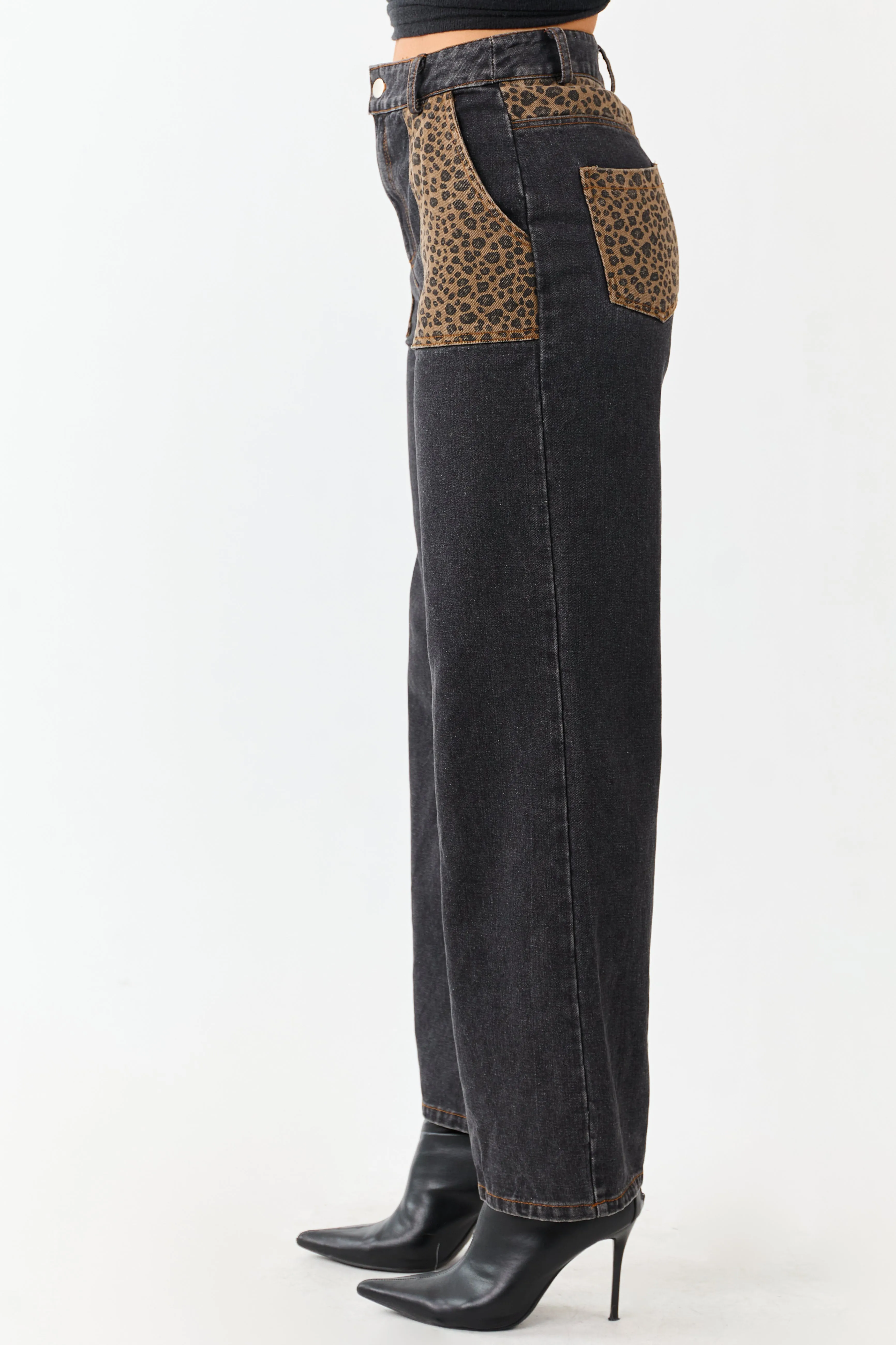 Black Leopard Print Paneling Wide Leg High Rise Jeans sold by Lime Lush product image thumbnail 3