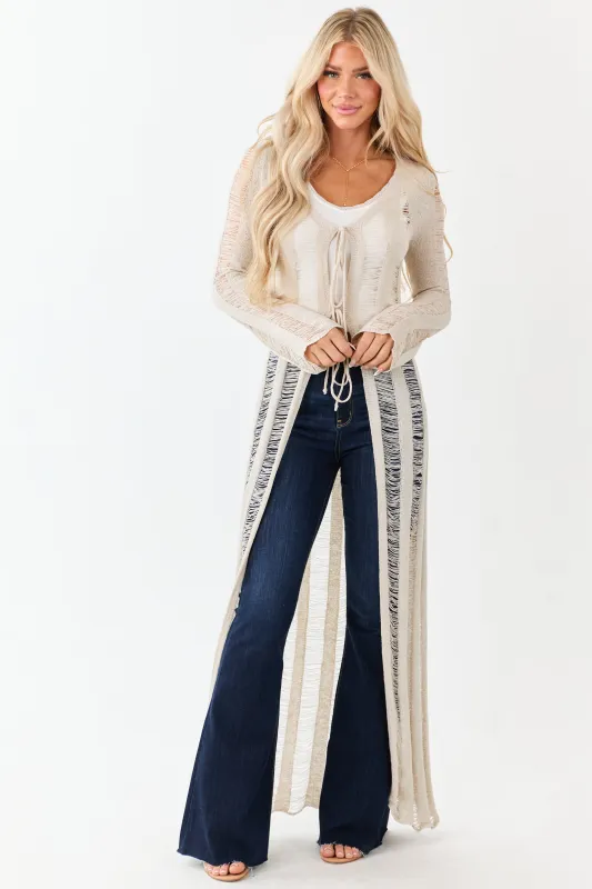 Oatmeal Distressed Ladder Stitch Duster Cardigan sold by Lime Lush