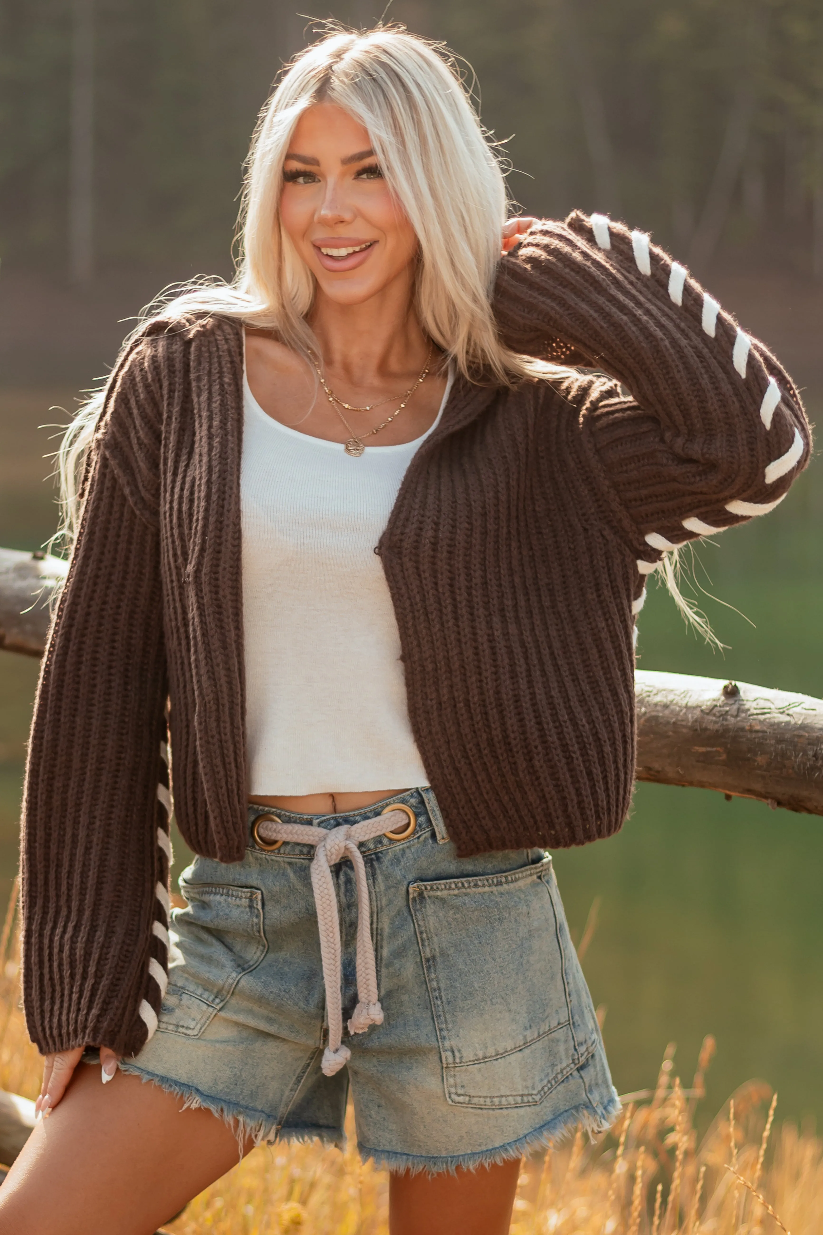 Chocolate Contrast Stitching Rib Knit Cardigan sold by Lime Lush