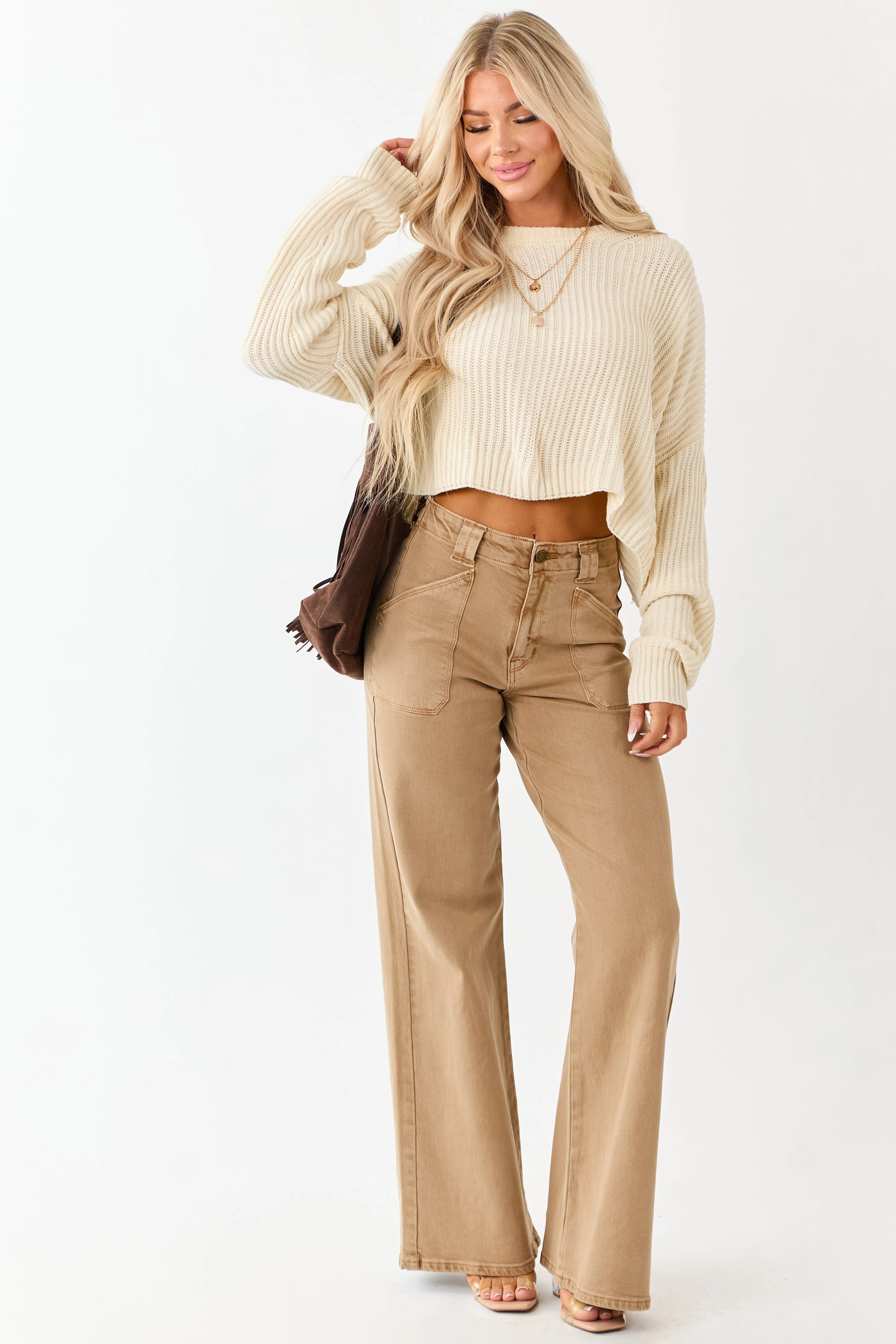Cream Relaxed Rib Knit Crew Neck Cropped Sweater sold by Lime Lush product image thumbnail 4