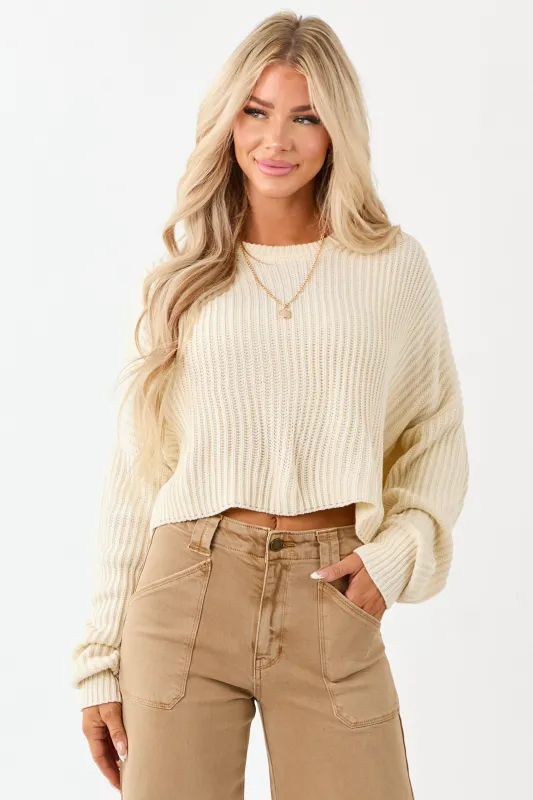 Cream Relaxed Rib Knit Crew Neck Cropped Sweater sold by Lime Lush