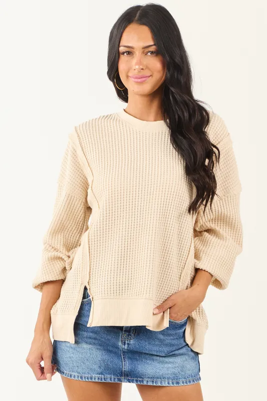 Cream Waffle Knit Relaxed Long Sleeve Top sold by Lime Lush