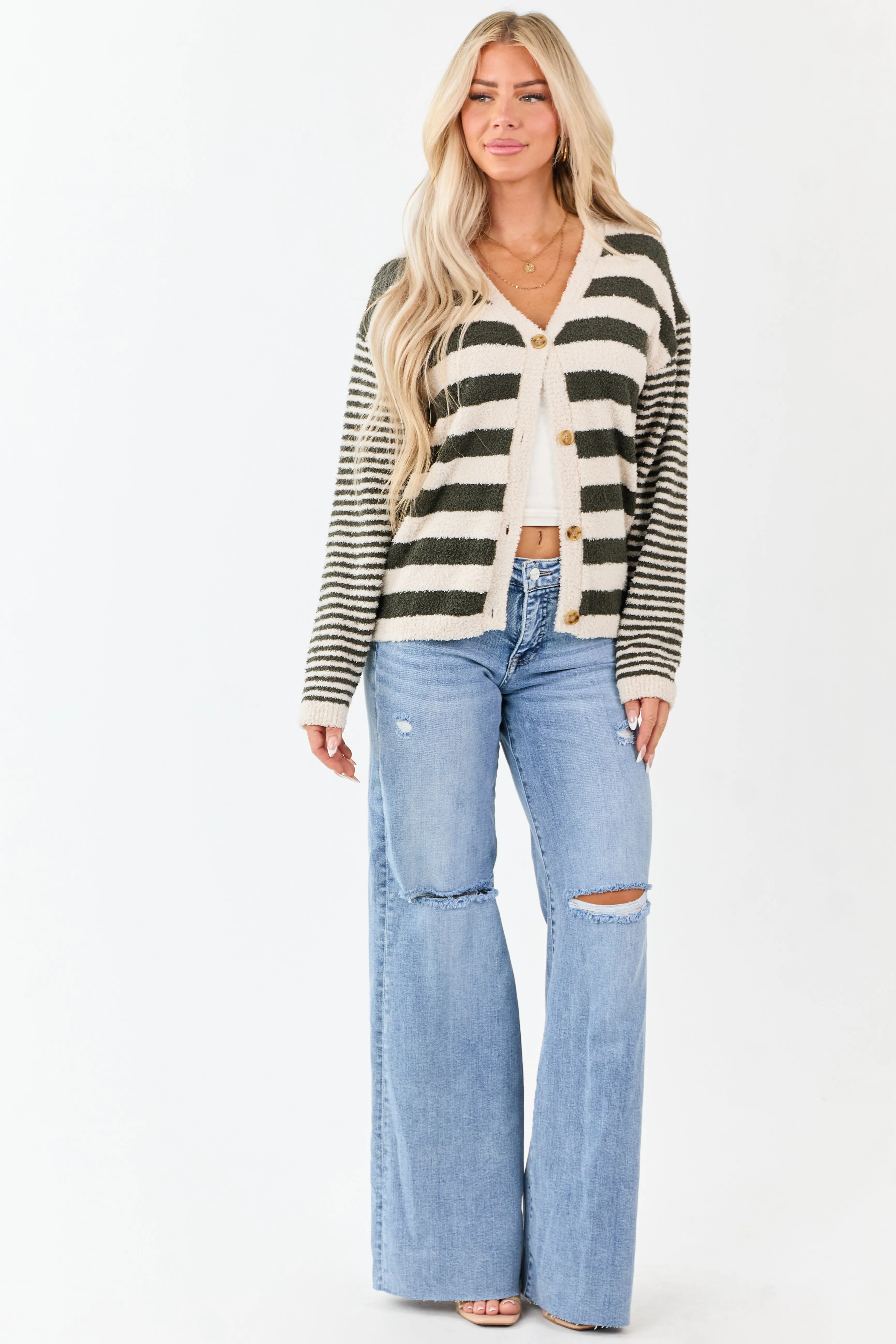 Forest Green Striped Button Down Fuzzy Knit Cardigan sold by Lime Lush product image thumbnail 4