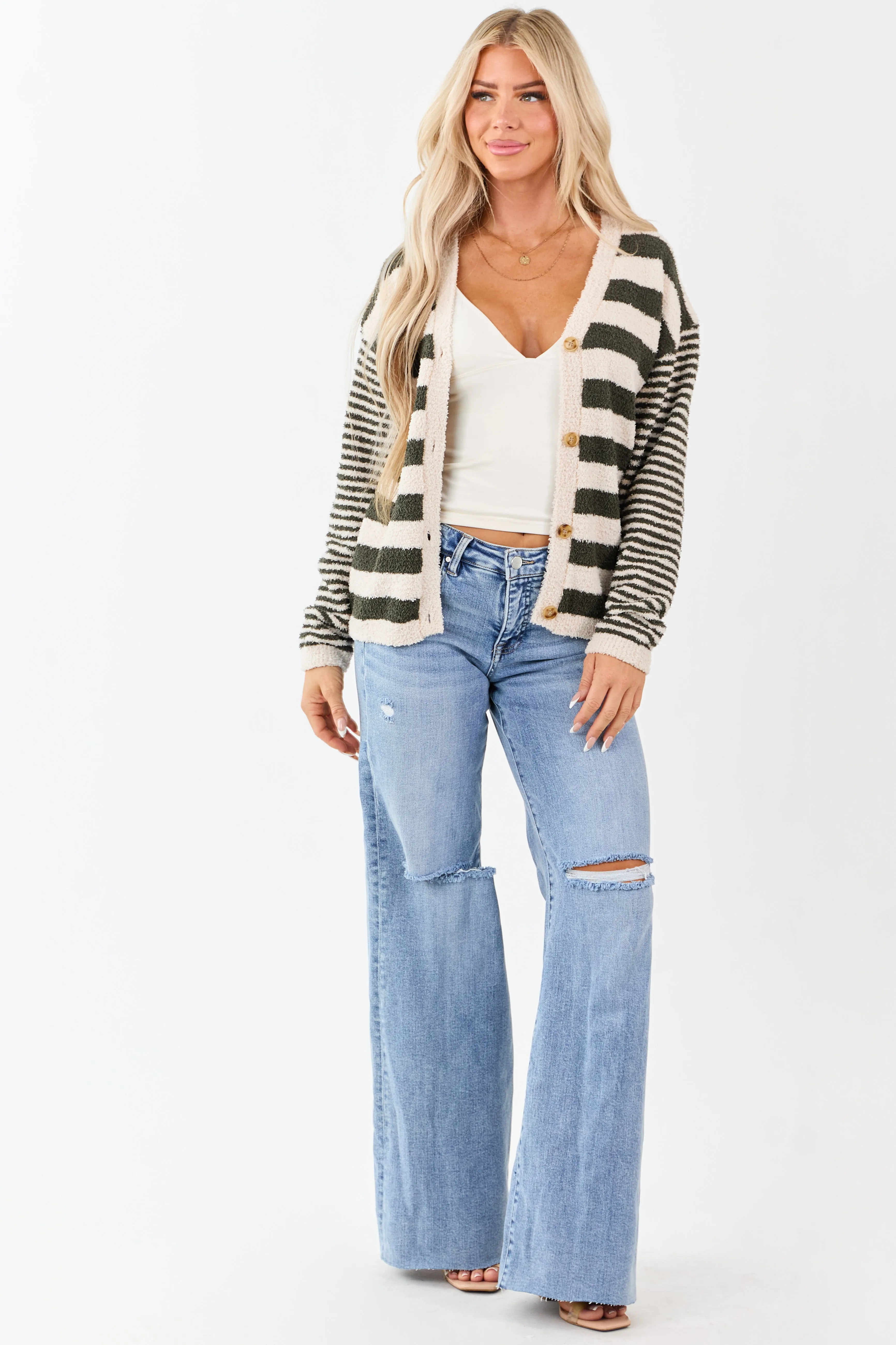 Forest Green Striped Button Down Fuzzy Knit Cardigan sold by Lime Lush product image thumbnail 3