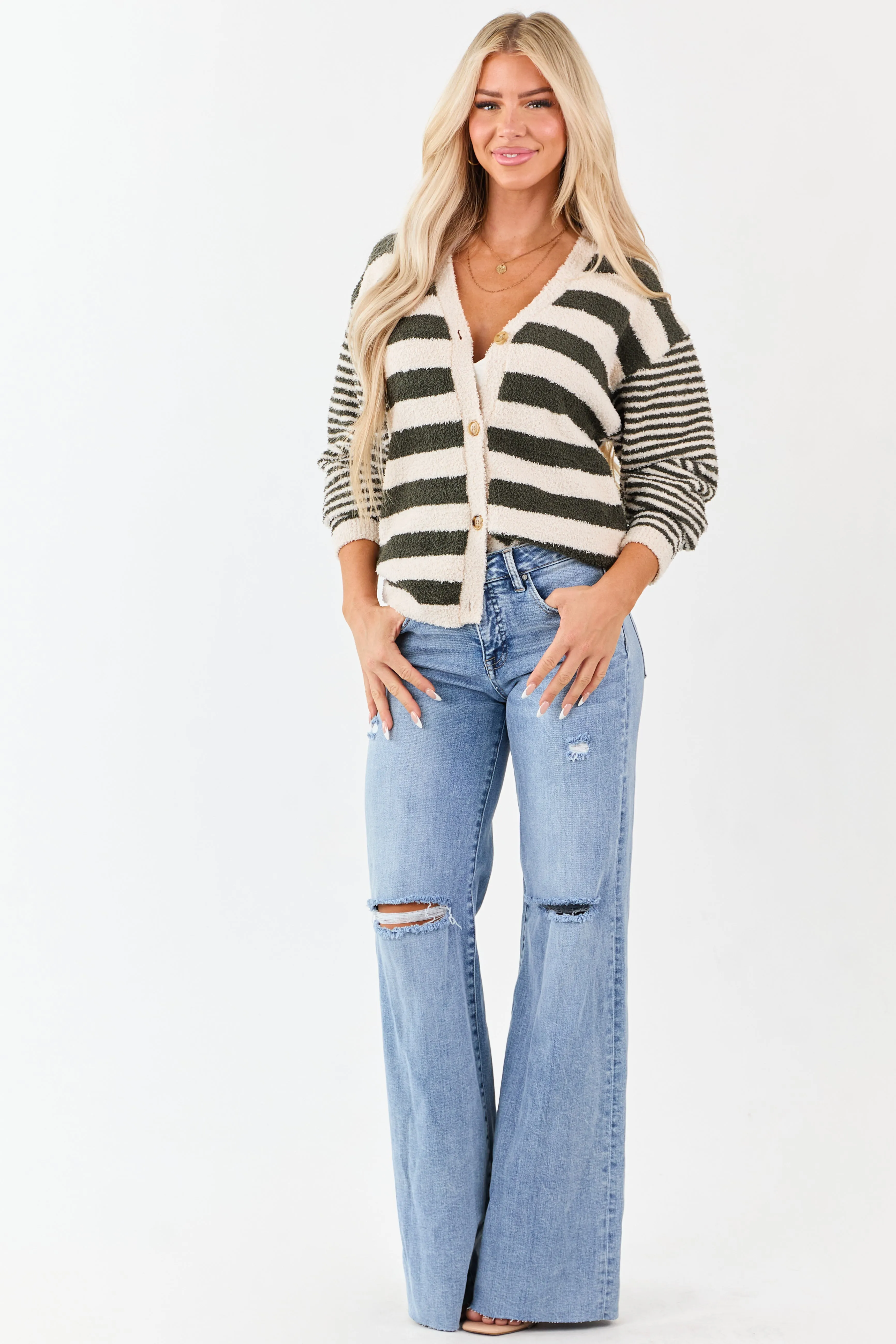 Forest Green Striped Button Down Fuzzy Knit Cardigan sold by Lime Lush product image thumbnail 5