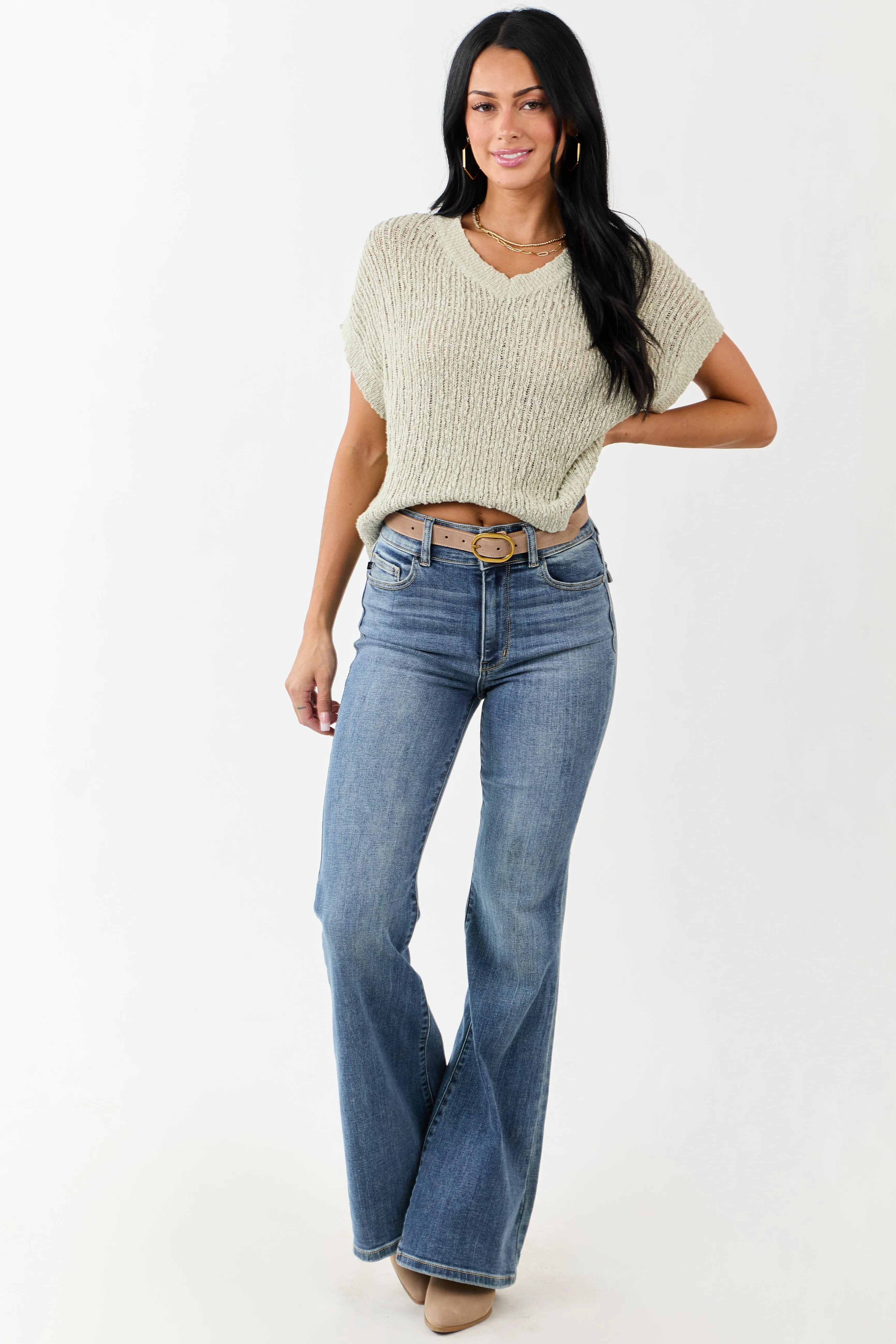 Sage V Neck Short Sleeve Cotton Sweater Top sold by Lime Lush product image thumbnail 4