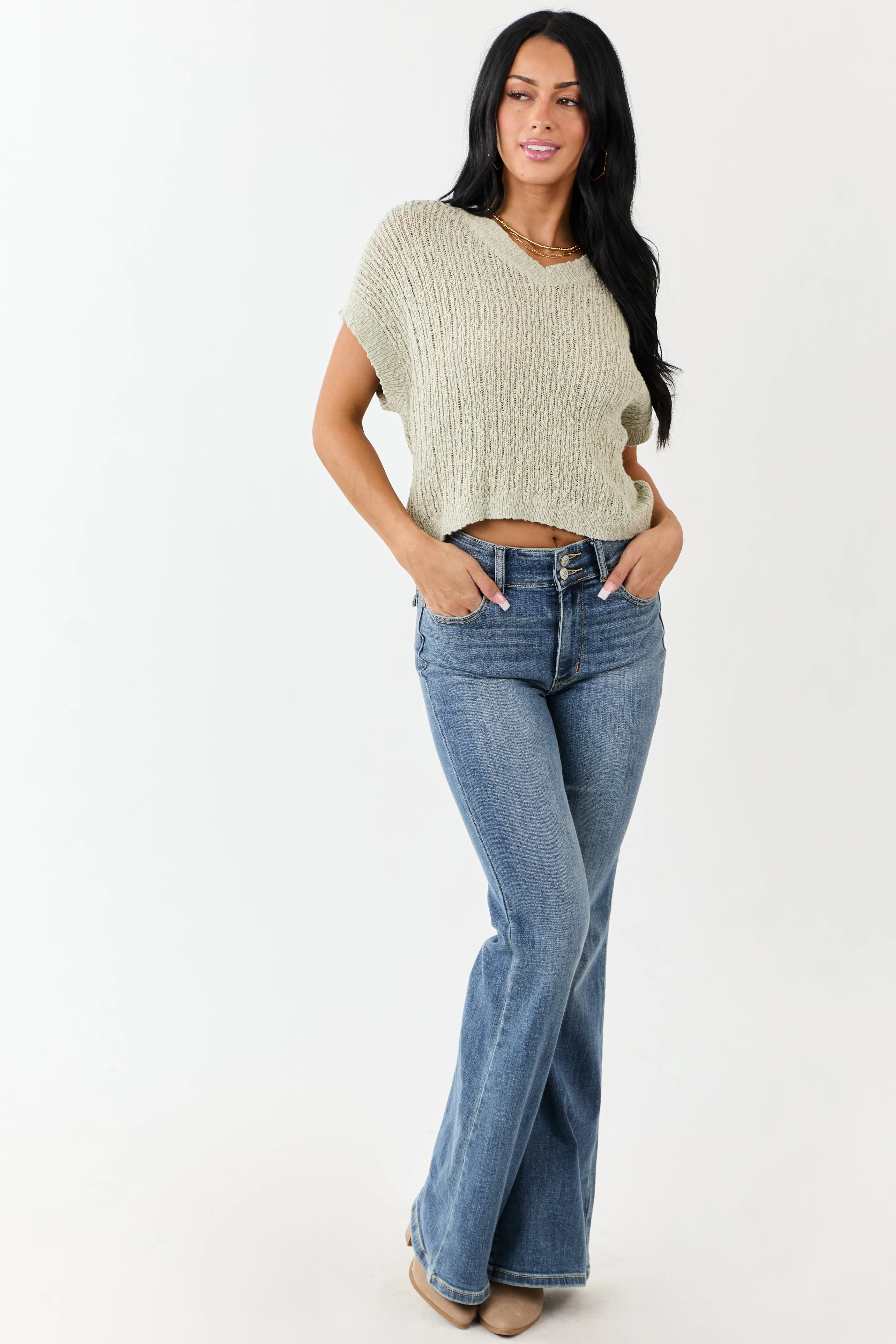 Sage V Neck Short Sleeve Cotton Sweater Top sold by Lime Lush product image thumbnail 3