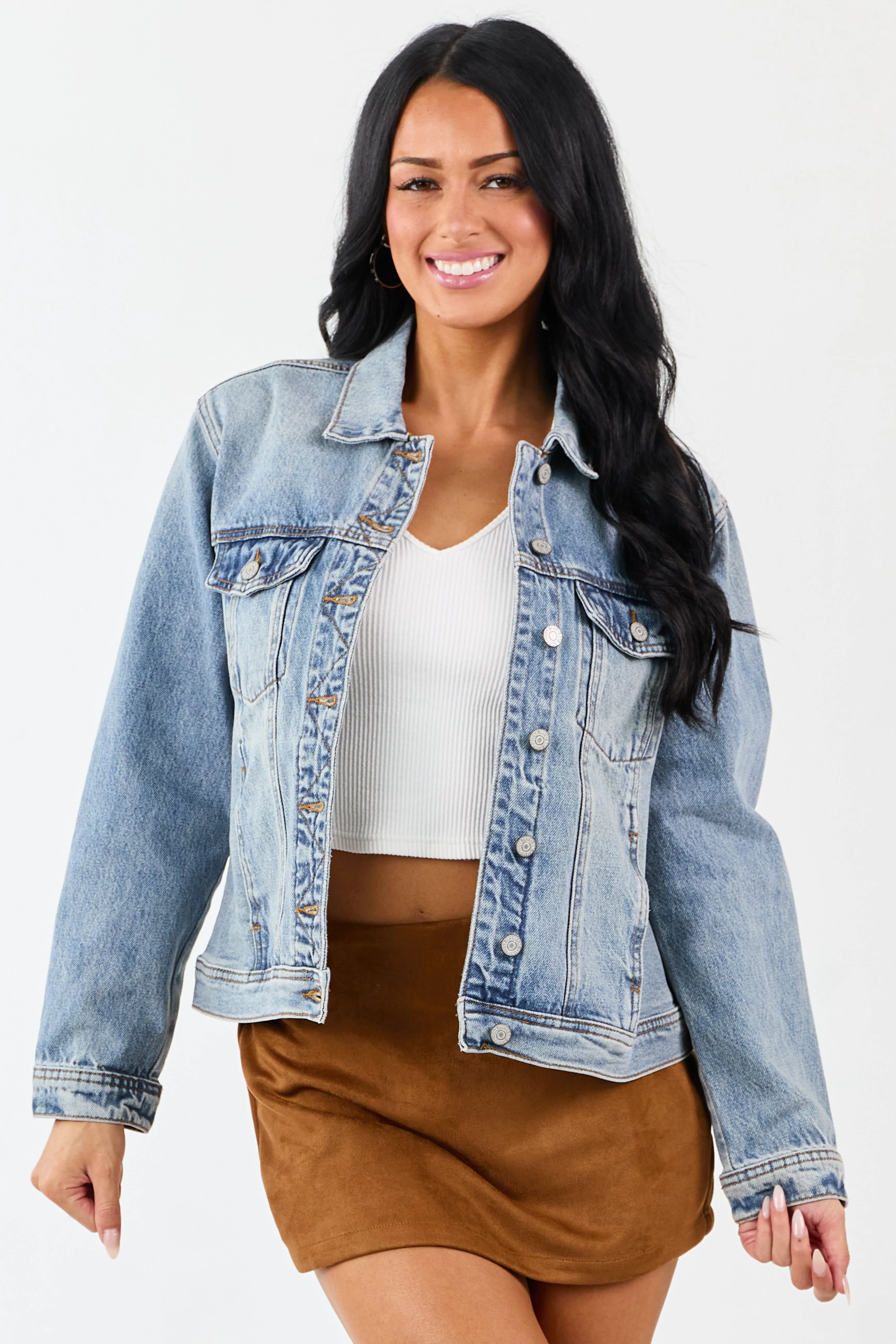 Judy Blue Medium Wash Button Up Denim Jacket sold by Lime Lush