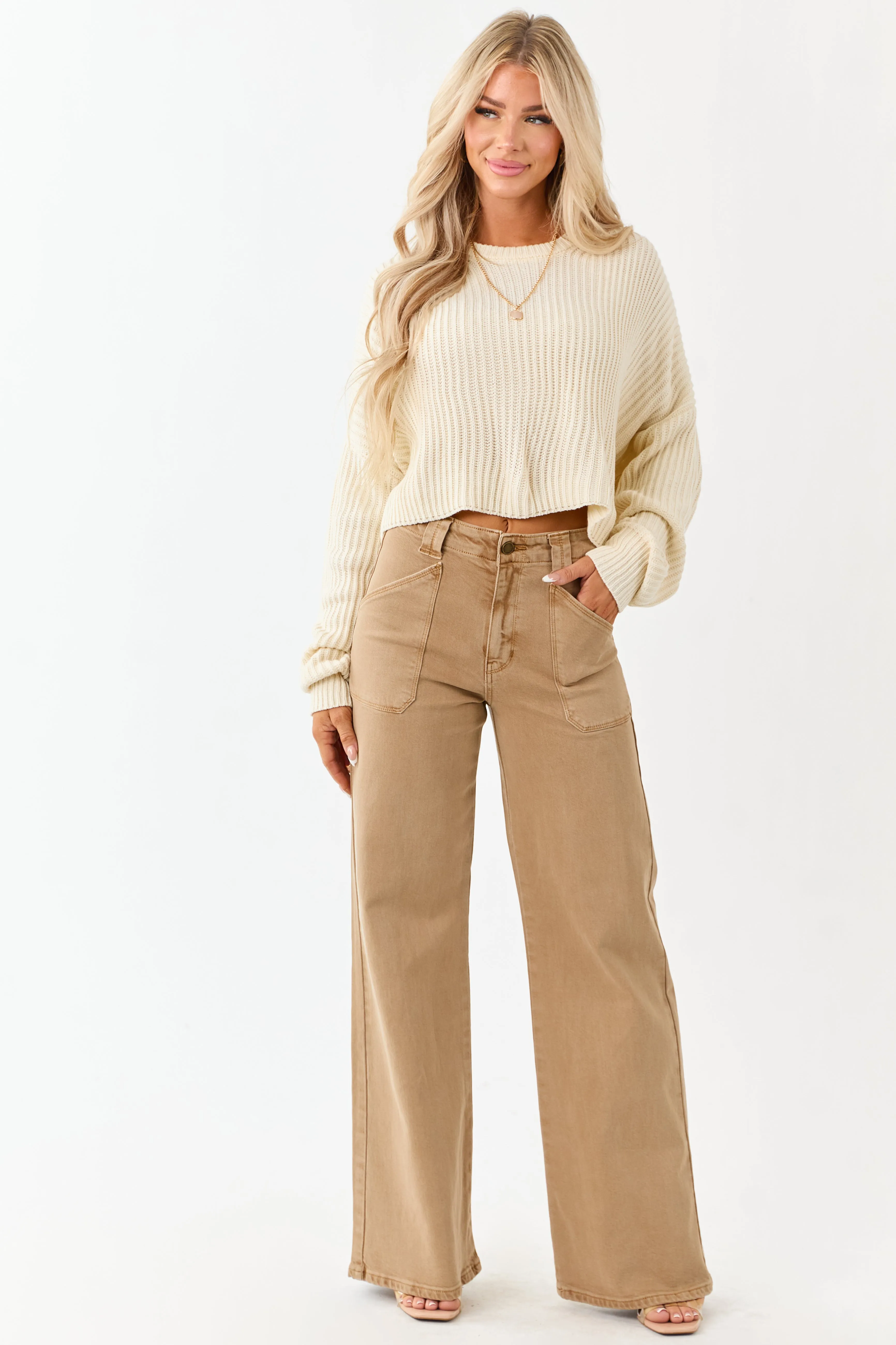 Peanut Washed Stretchy High Rise Wide Leg Jeans sold by Lime Lush product image thumbnail 2