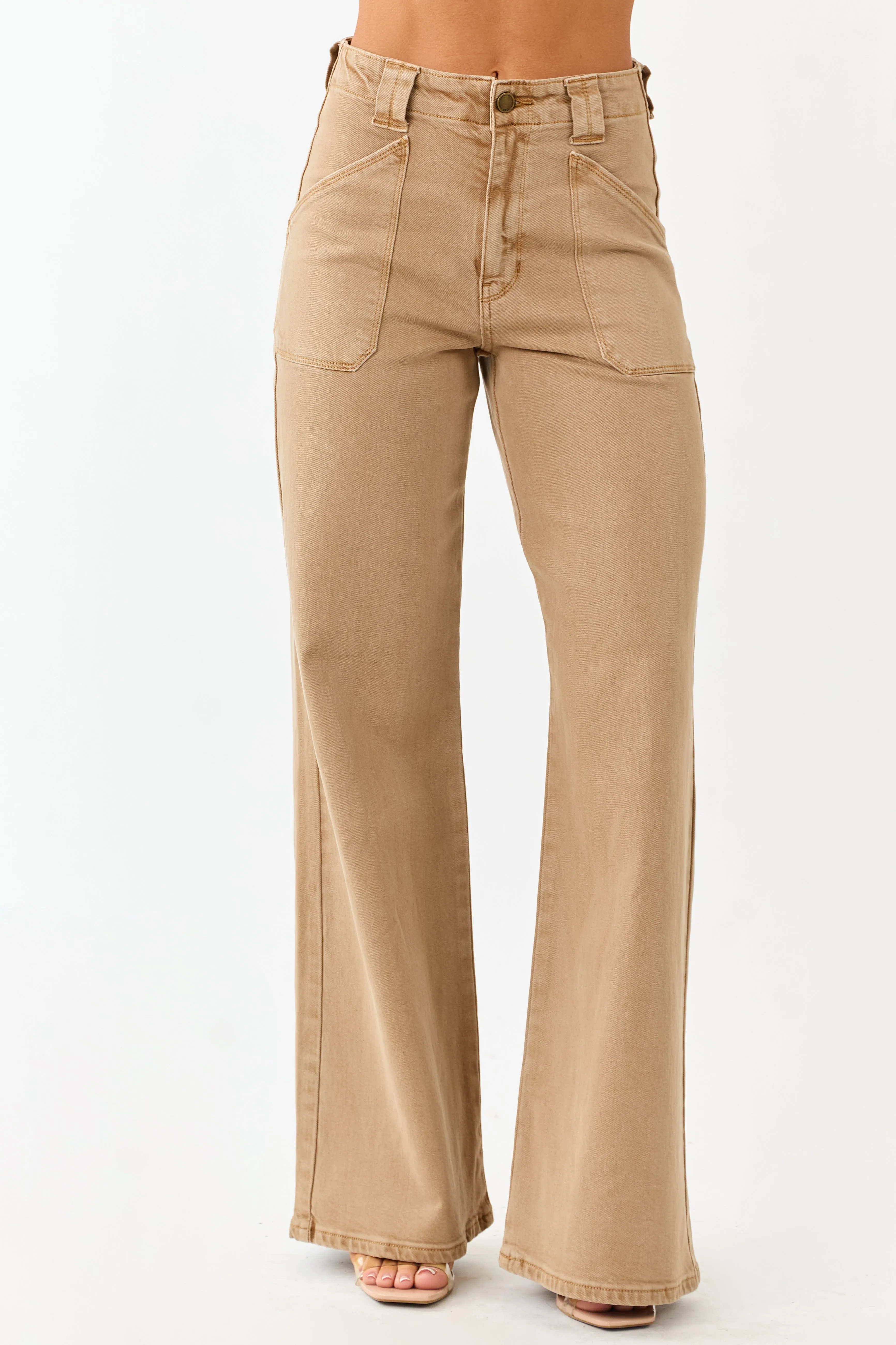 Peanut Washed Stretchy High Rise Wide Leg Jeans sold by Lime Lush