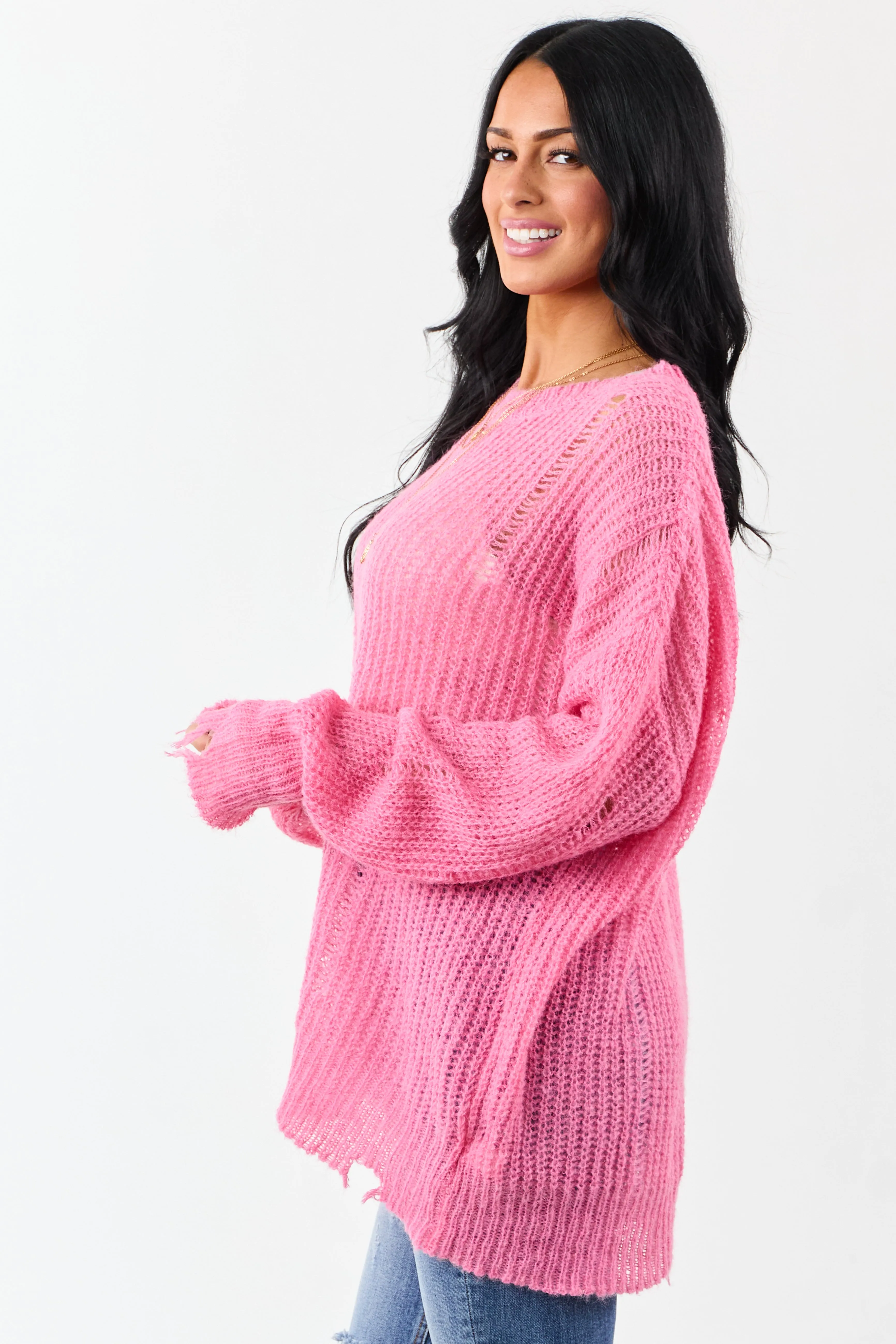 Fuchsia Wool Blend Distressed Ribbed Knit Sweater sold by Lime Lush product image thumbnail 5