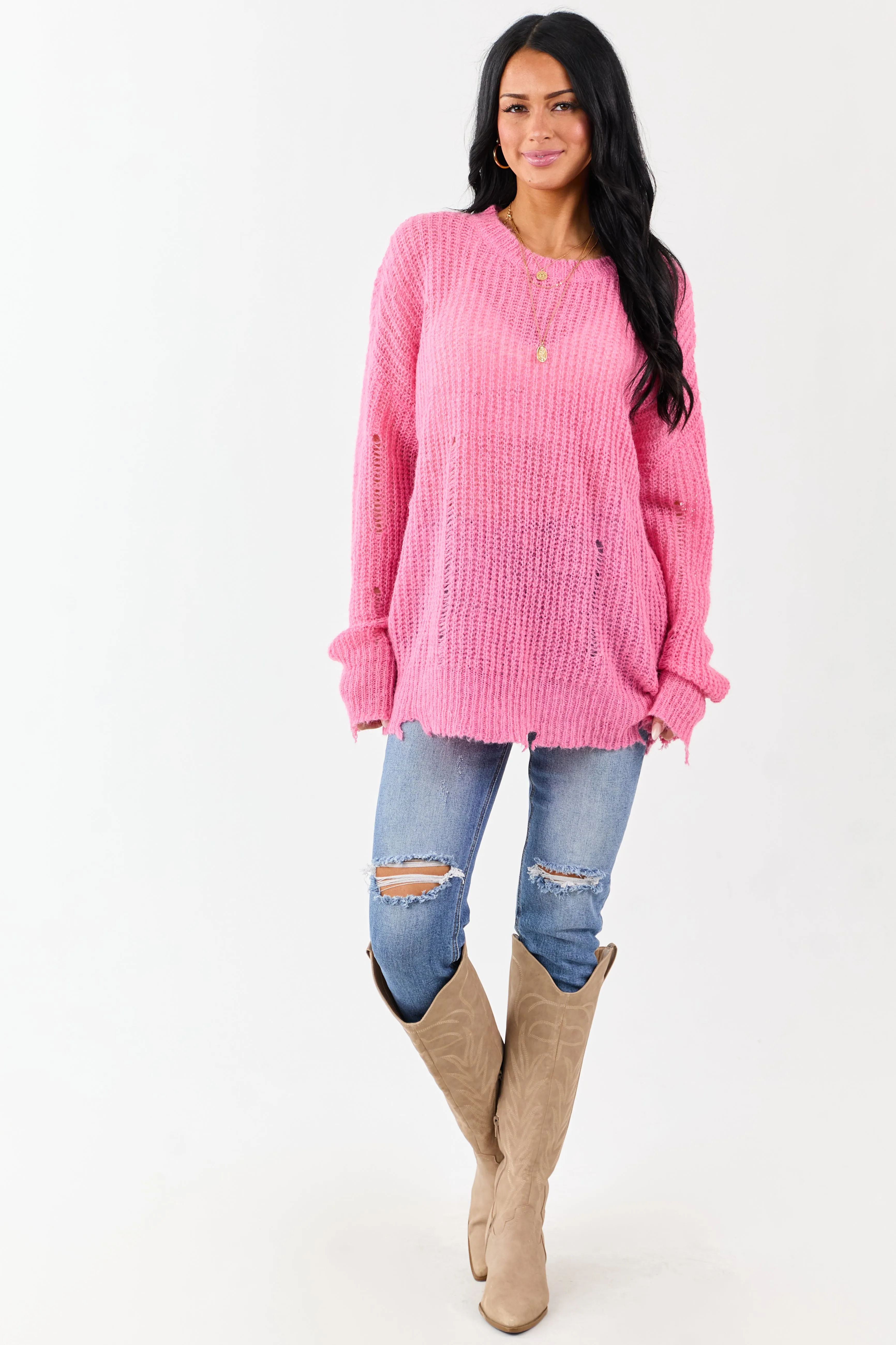 Fuchsia Wool Blend Distressed Ribbed Knit Sweater sold by Lime Lush product image thumbnail 4