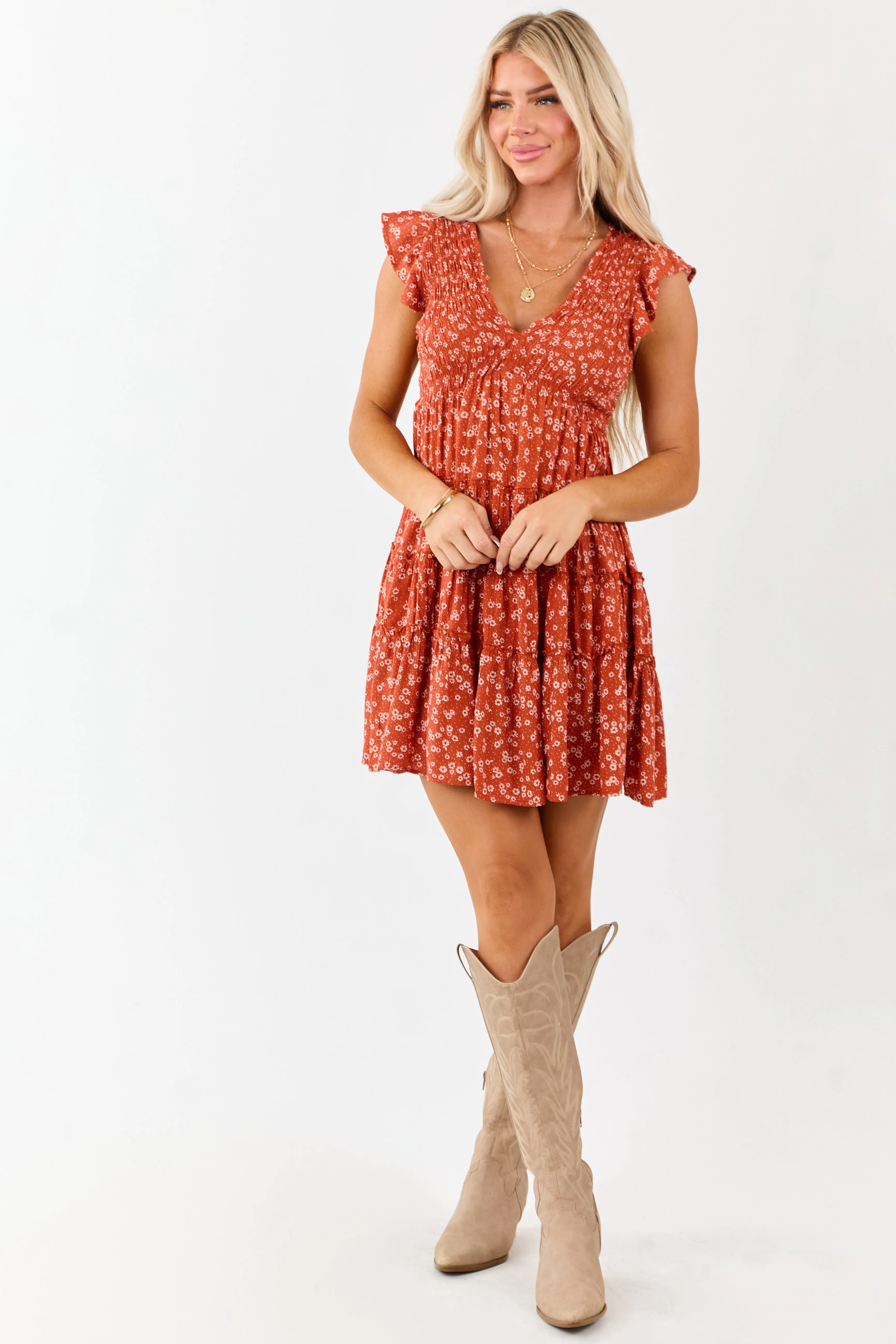 Fire Ditsy Floral Print Smocked Tiered Mini Dress sold by Lime Lush product image thumbnail 3