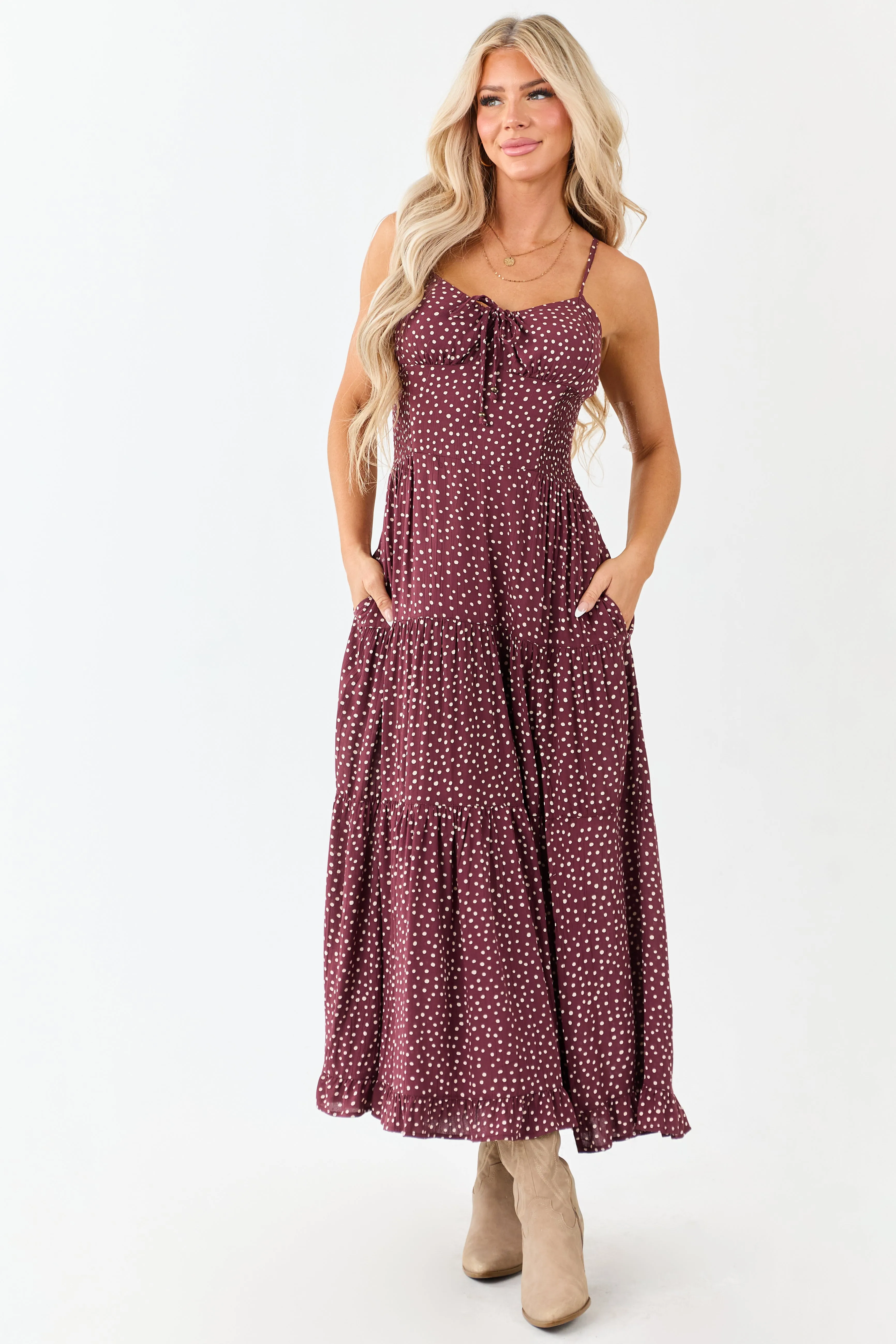Wine Polka Dot Sleeveless Tiered Maxi Dress sold by Lime Lush product image thumbnail 4
