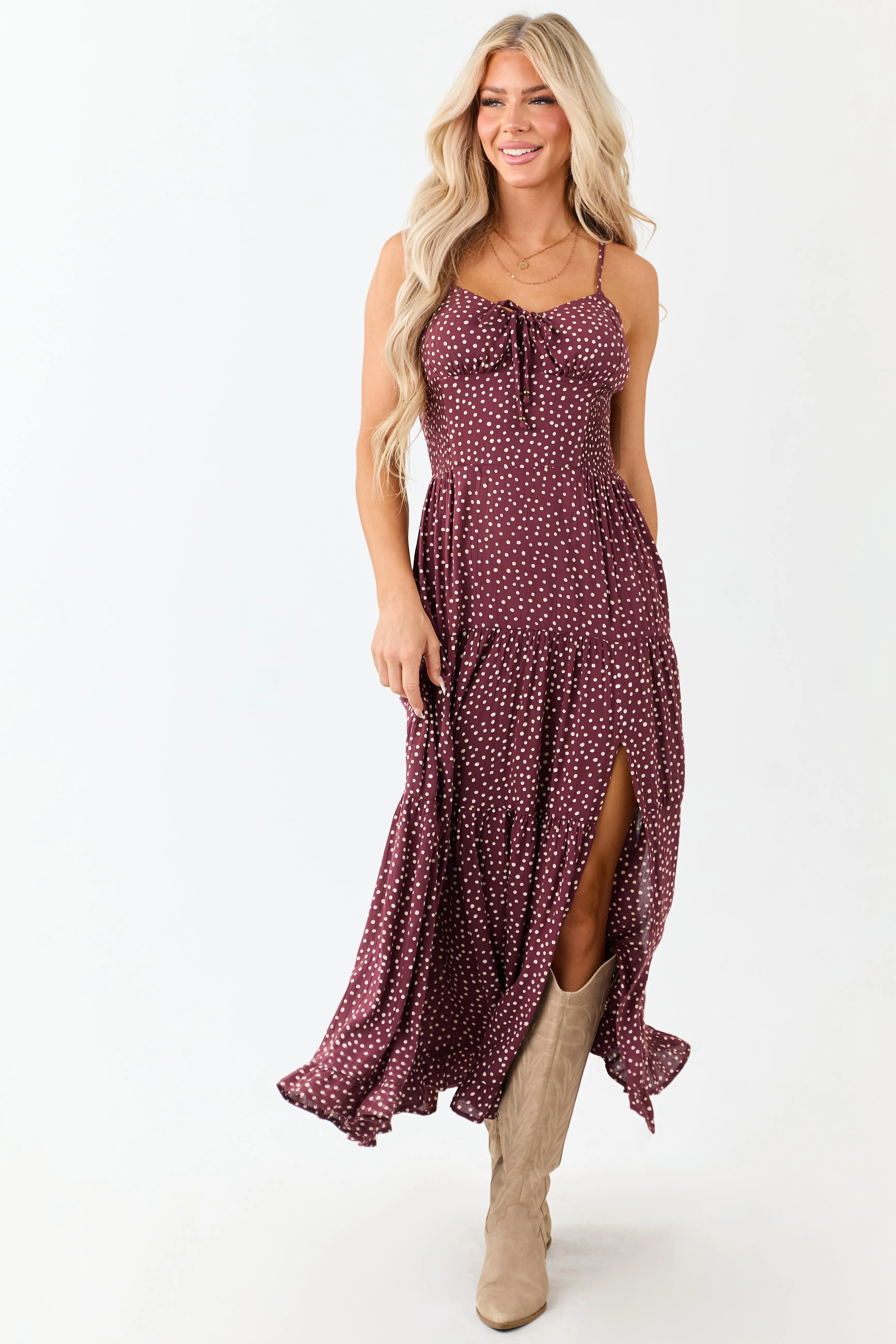 Wine Polka Dot Sleeveless Tiered Maxi Dress sold by Lime Lush product image thumbnail 5