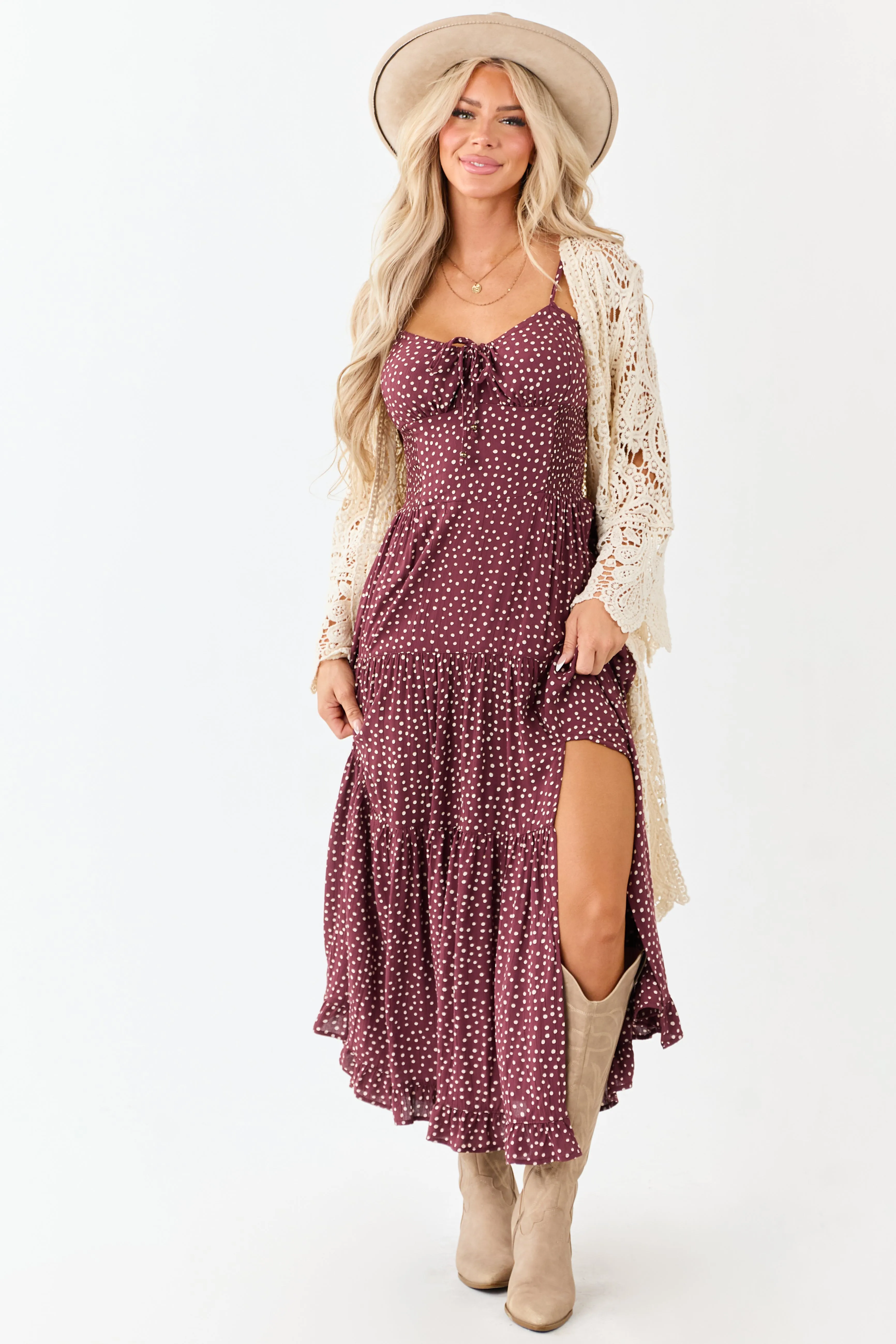 Wine Polka Dot Sleeveless Tiered Maxi Dress sold by Lime Lush product image thumbnail 3