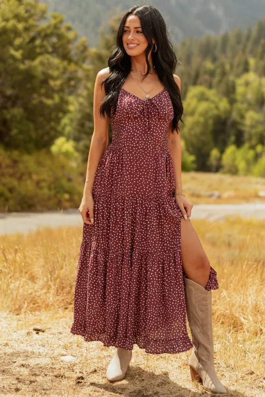 Wine Polka Dot Sleeveless Tiered Maxi Dress sold by Lime Lush