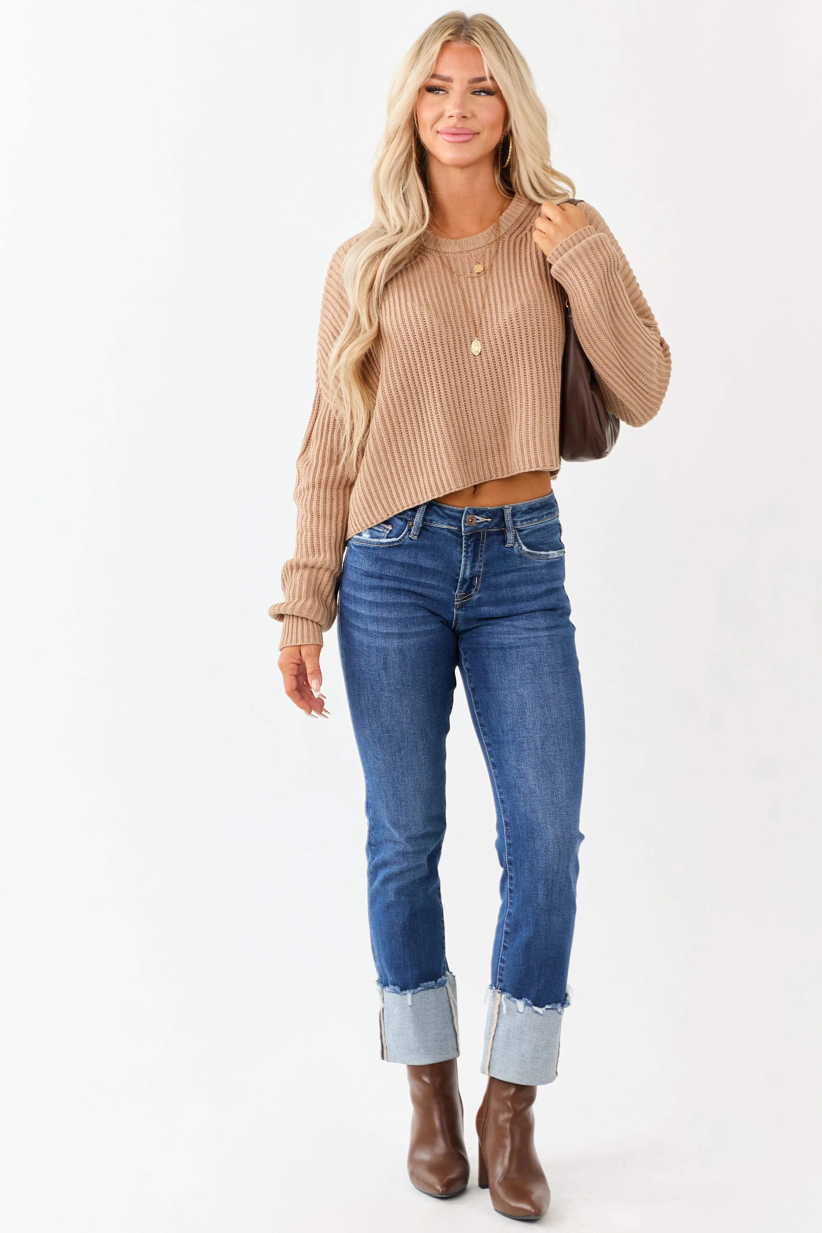 Camel Relaxed Rib Knit Crew Neck Cropped Sweater sold by Lime Lush product image thumbnail 2
