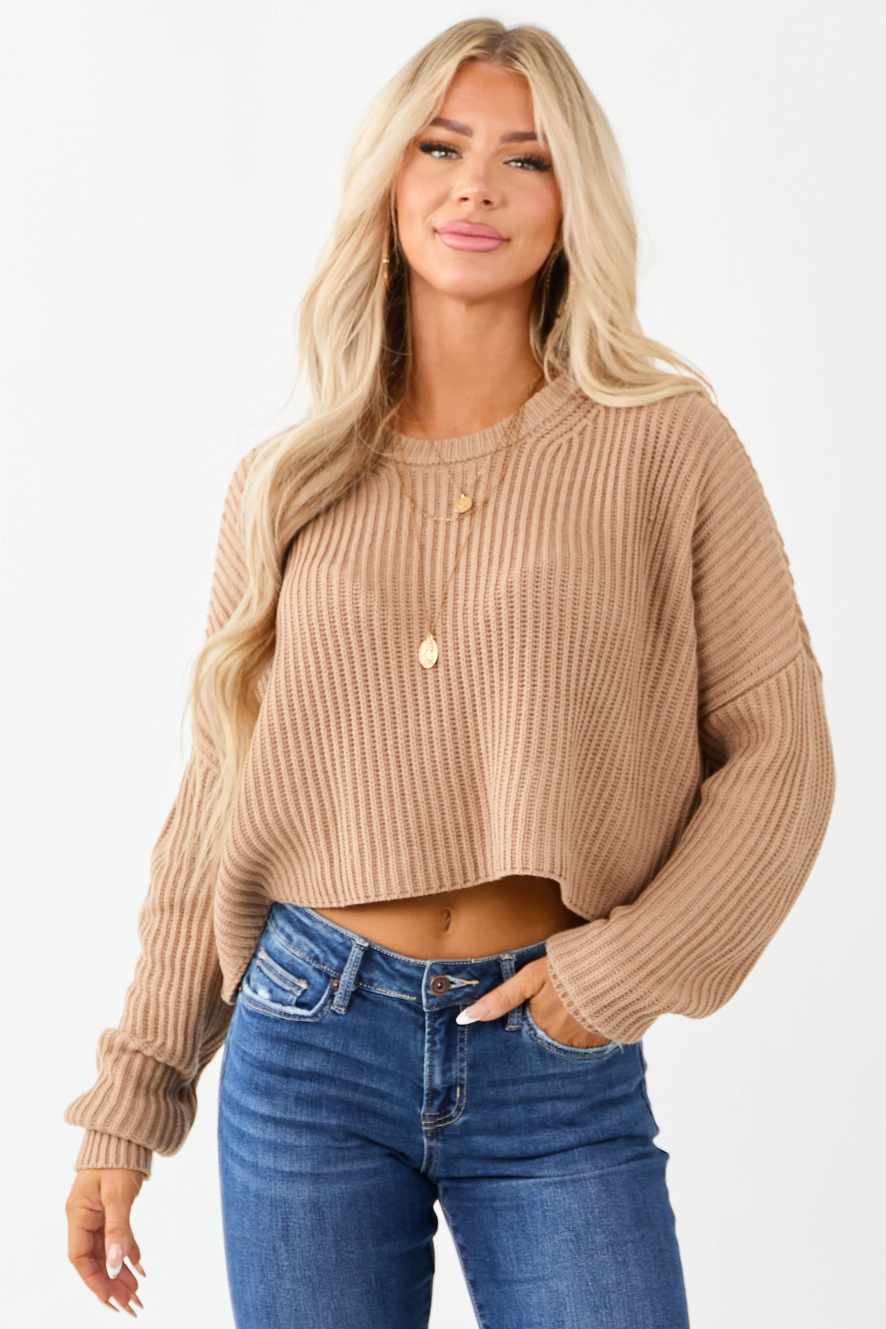 Camel Relaxed Rib Knit Crew Neck Cropped Sweater sold by Lime Lush