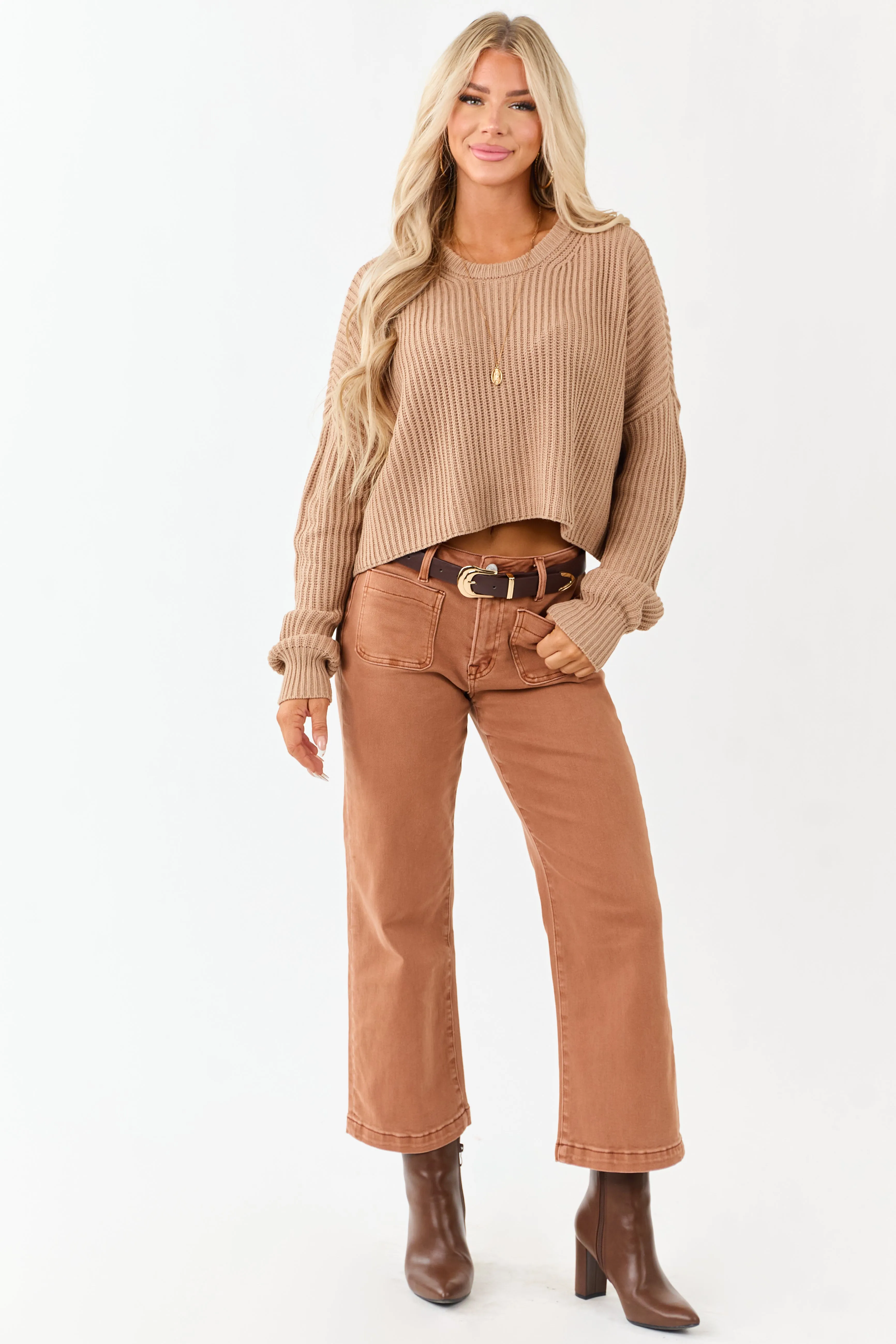 Camel Relaxed Rib Knit Crew Neck Cropped Sweater sold by Lime Lush product image thumbnail 5