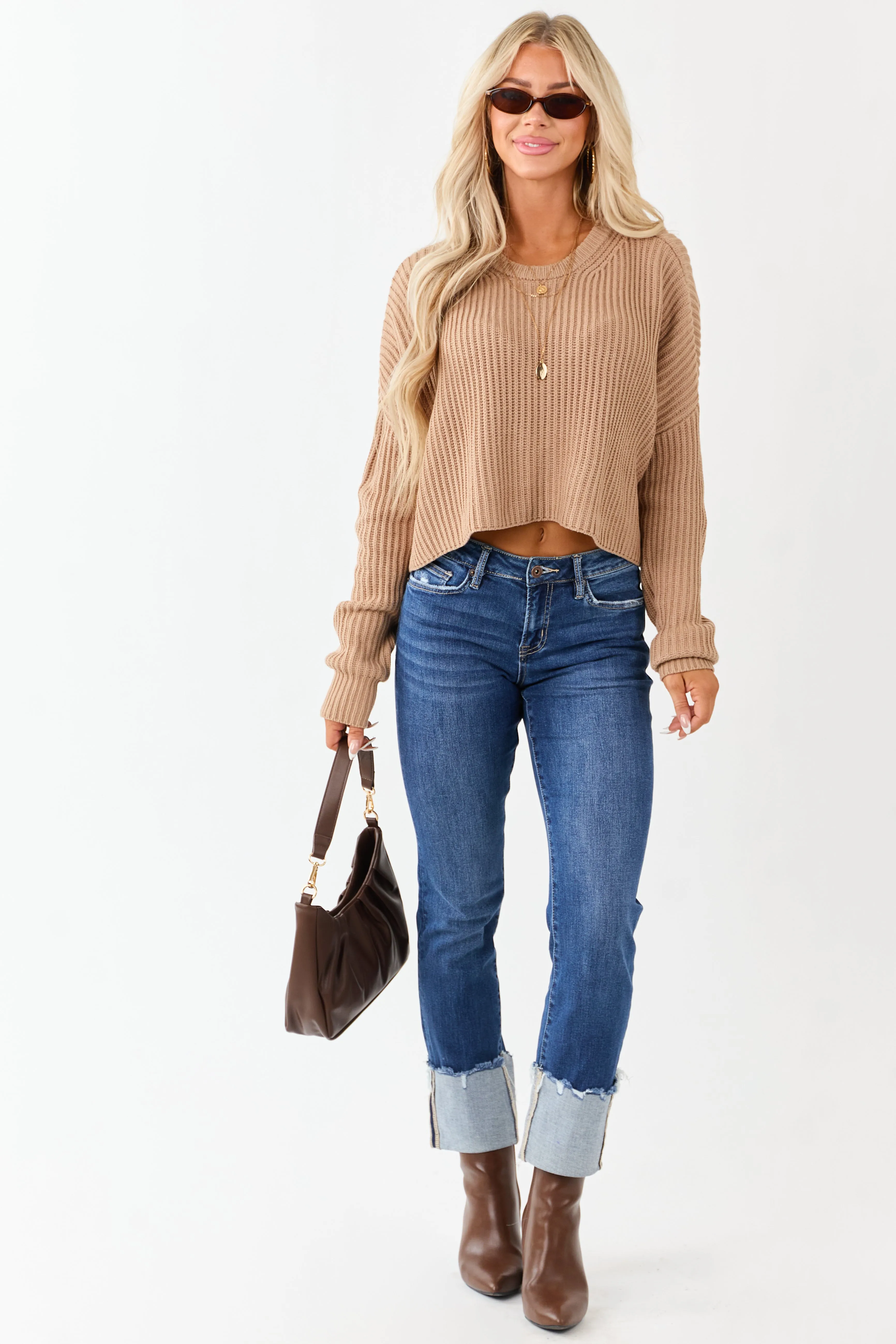 Camel Relaxed Rib Knit Crew Neck Cropped Sweater sold by Lime Lush product image thumbnail 4