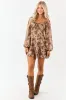 Taupe Floral Chiffon Long Puff Sleeve Mini Dress sold by Lime Lush