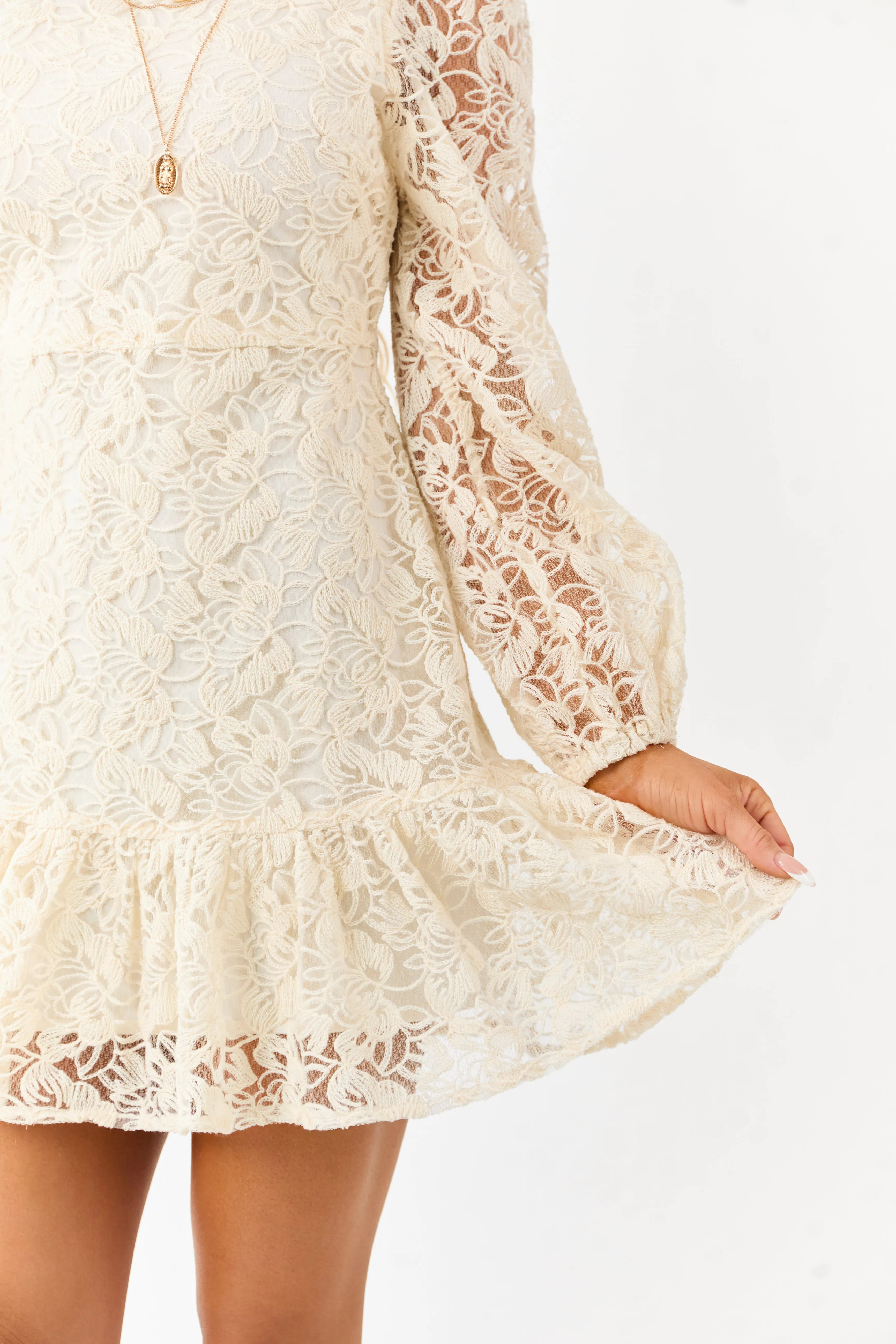 Champagne Floral Lace Long Sleeve Ruffle Hem Mini Dress sold by Lime Lush product image thumbnail 2