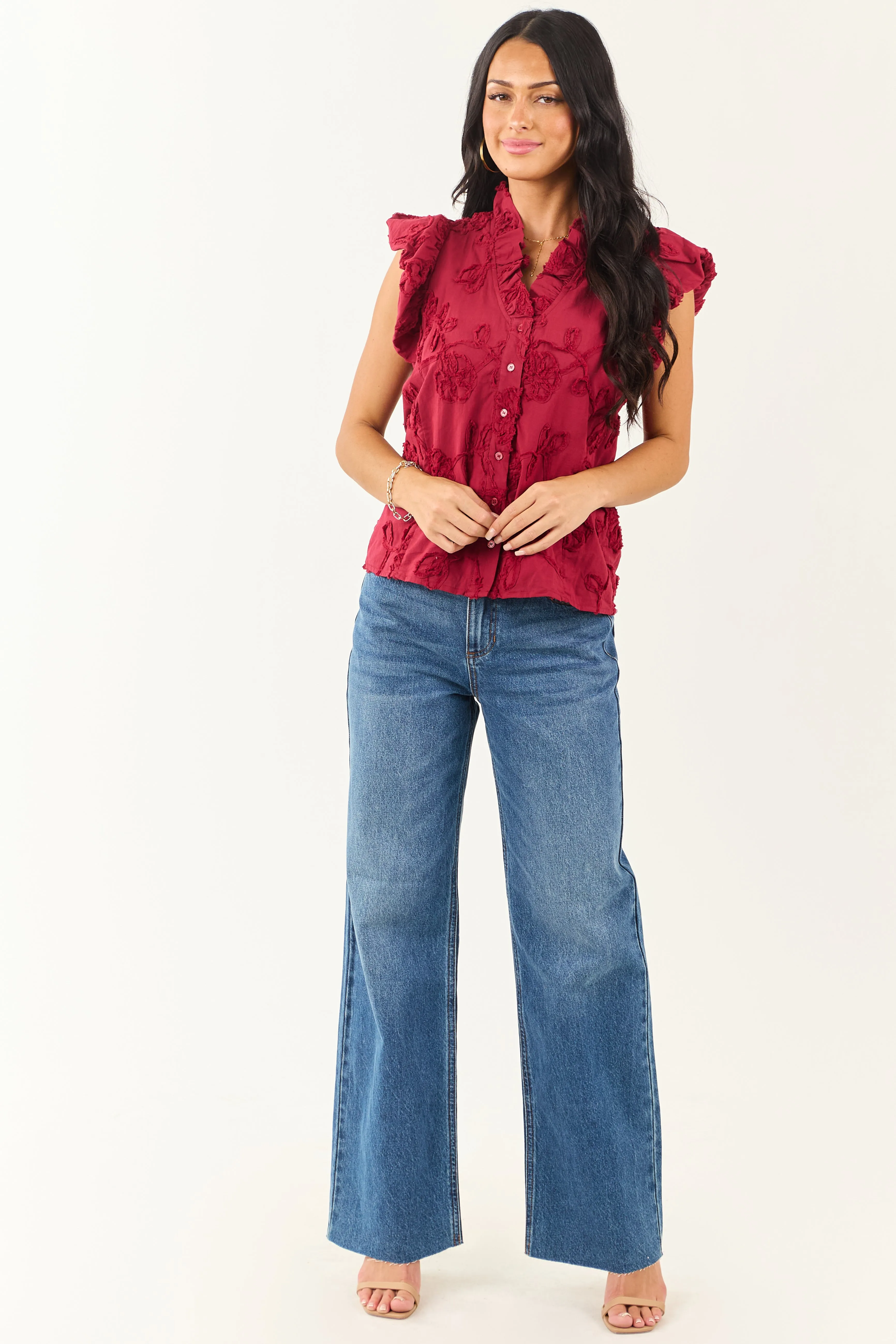 Entro Cherry 3D Floral Button Down Cotton Top sold by Lime Lush product image thumbnail 3