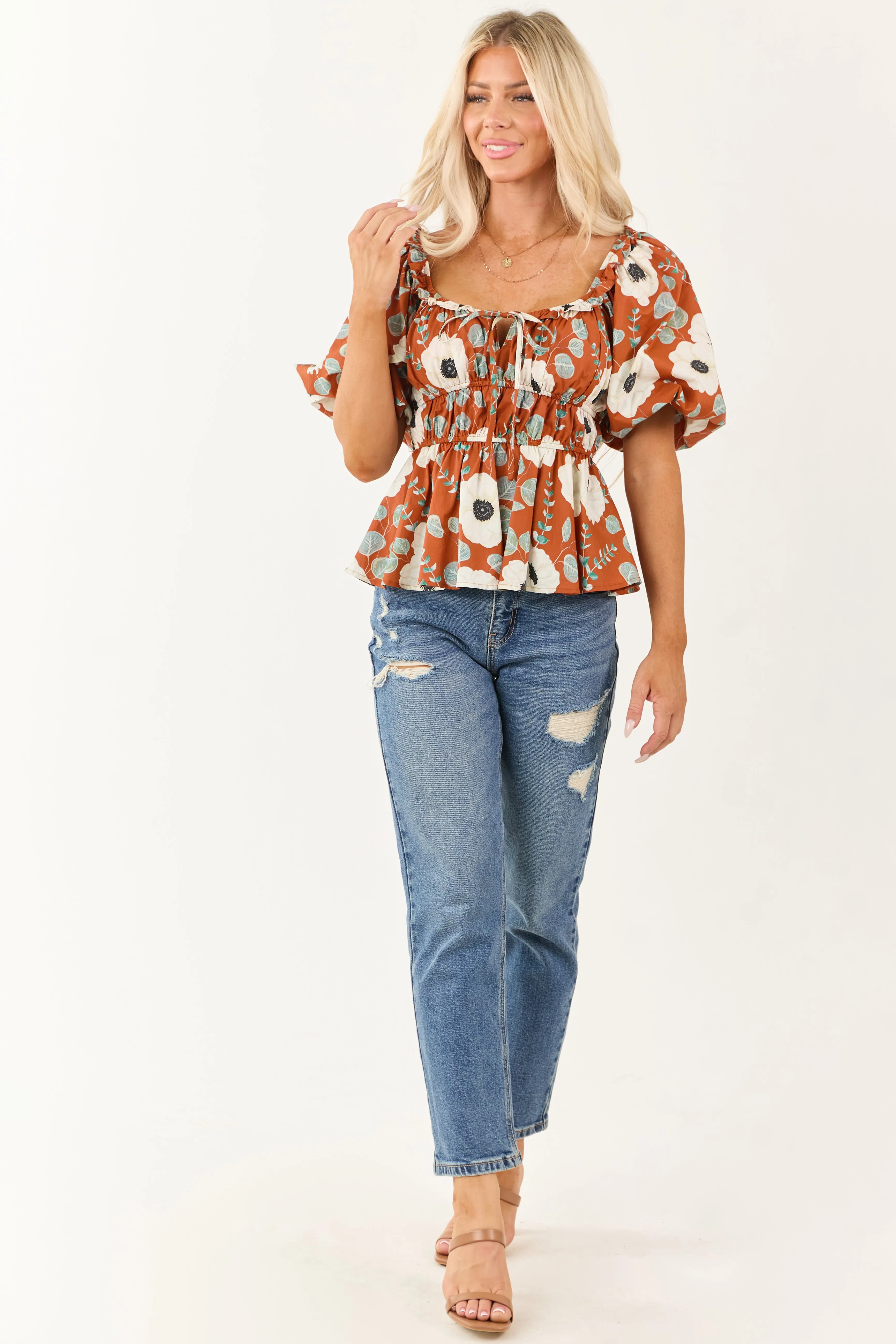 Entro Tawny Floral Smocked Waist Cotton Top sold by Lime Lush product image thumbnail 3