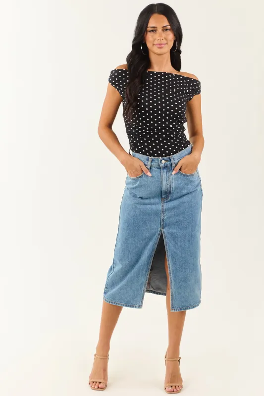 Medium Wash Denim Front Slit Midi Skirt sold by Lime Lush