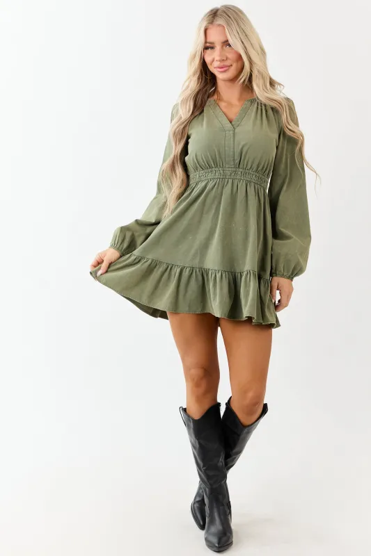 Olive Mineral Wash Denim Long Sleeve Mini Dress sold by Lime Lush