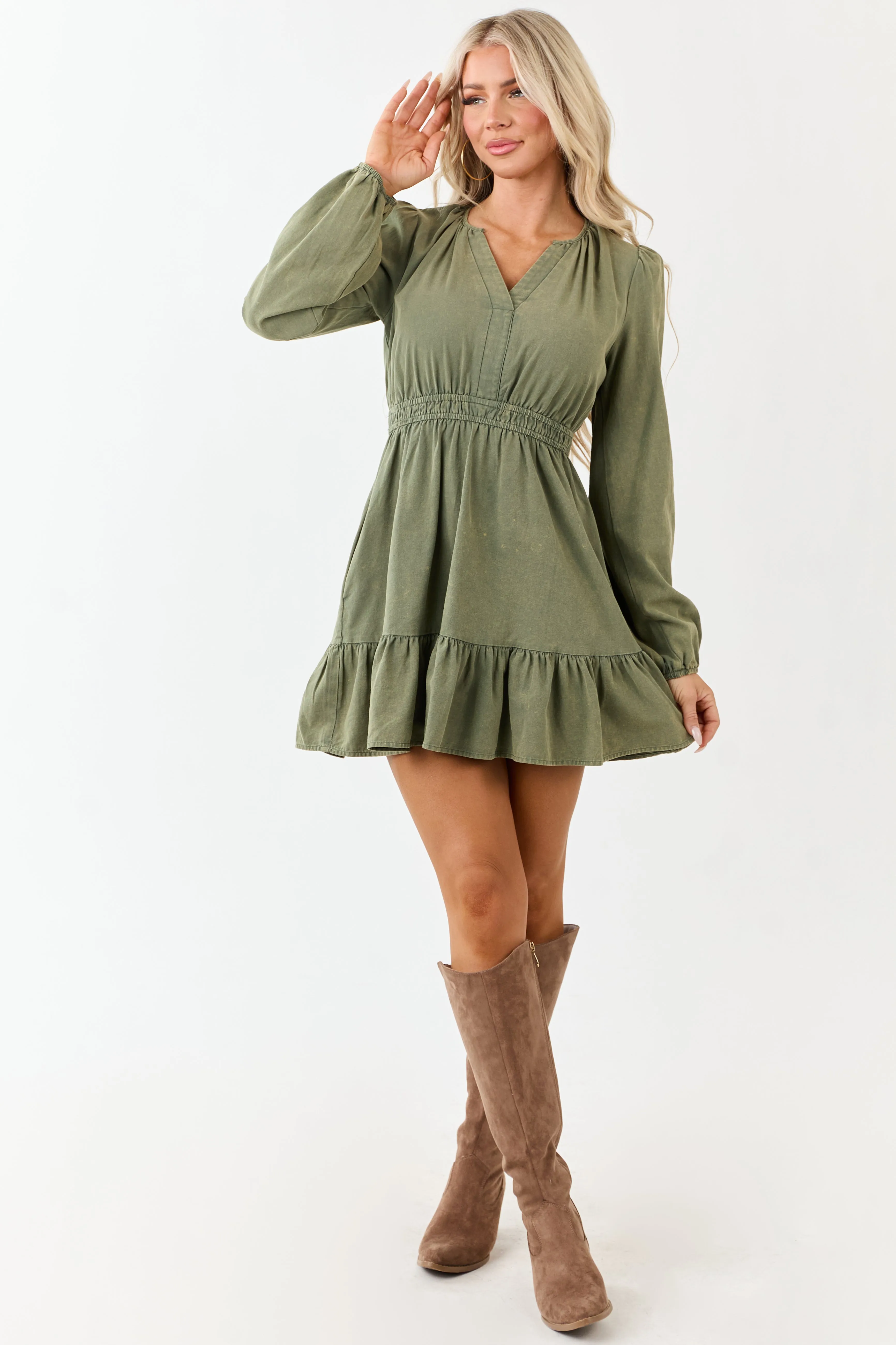 Olive Mineral Wash Denim Long Sleeve Mini Dress sold by Lime Lush product image thumbnail 3