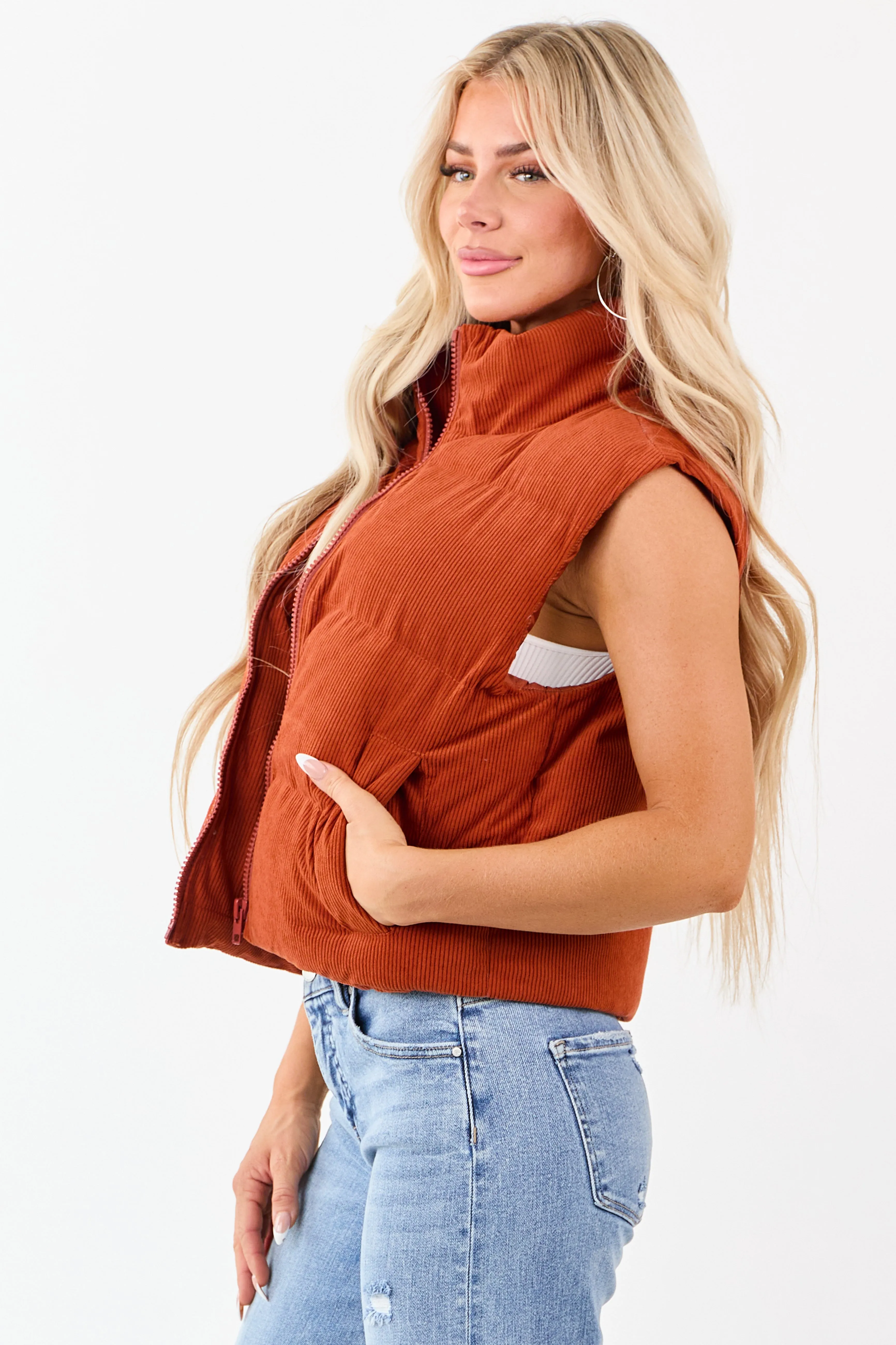 Lovelo Pumpkin Spice Corduroy Zip Up Puffer Vest sold by Lime Lush product image thumbnail 5