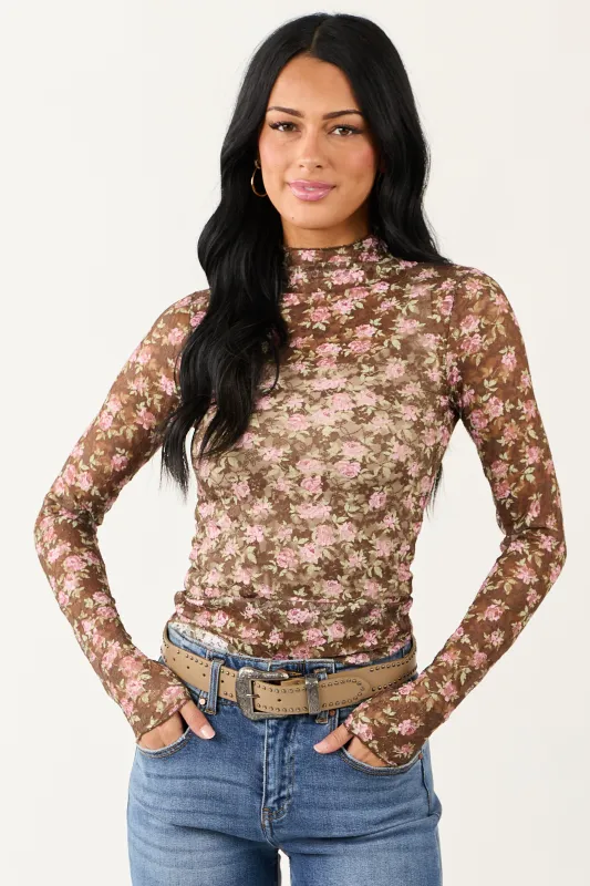 Peanut Floral Print High Neck Long Sleeve Mesh Top sold by Lime Lush