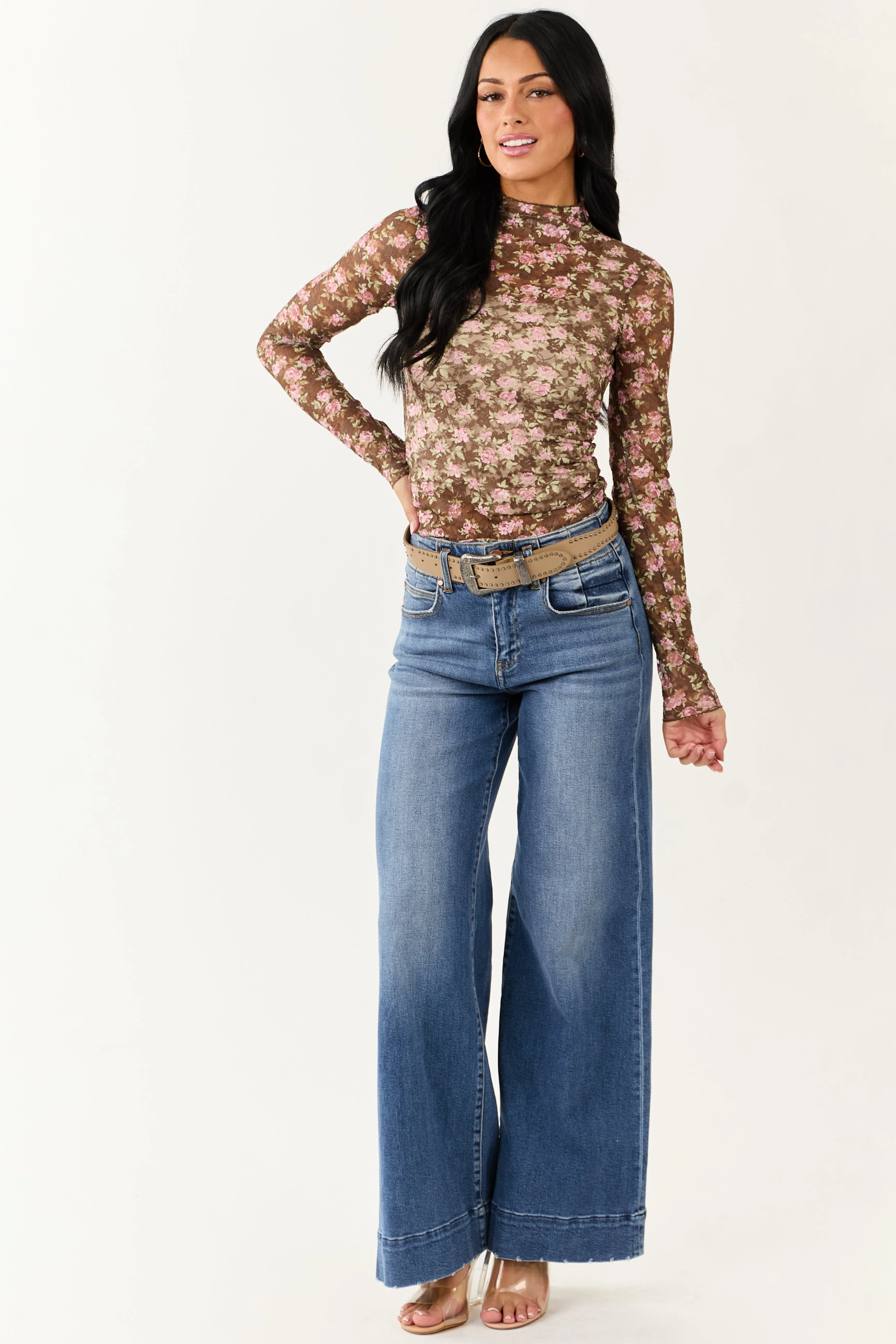 Peanut Floral Print High Neck Long Sleeve Mesh Top sold by Lime Lush product image thumbnail 4
