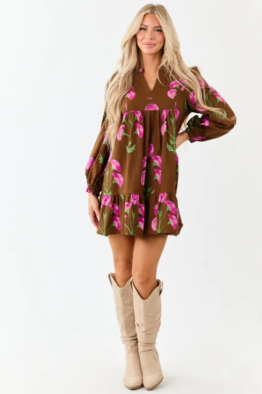 Sepia Floral Print Long Sleeve Cotton Mini Dress sold by Lime Lush