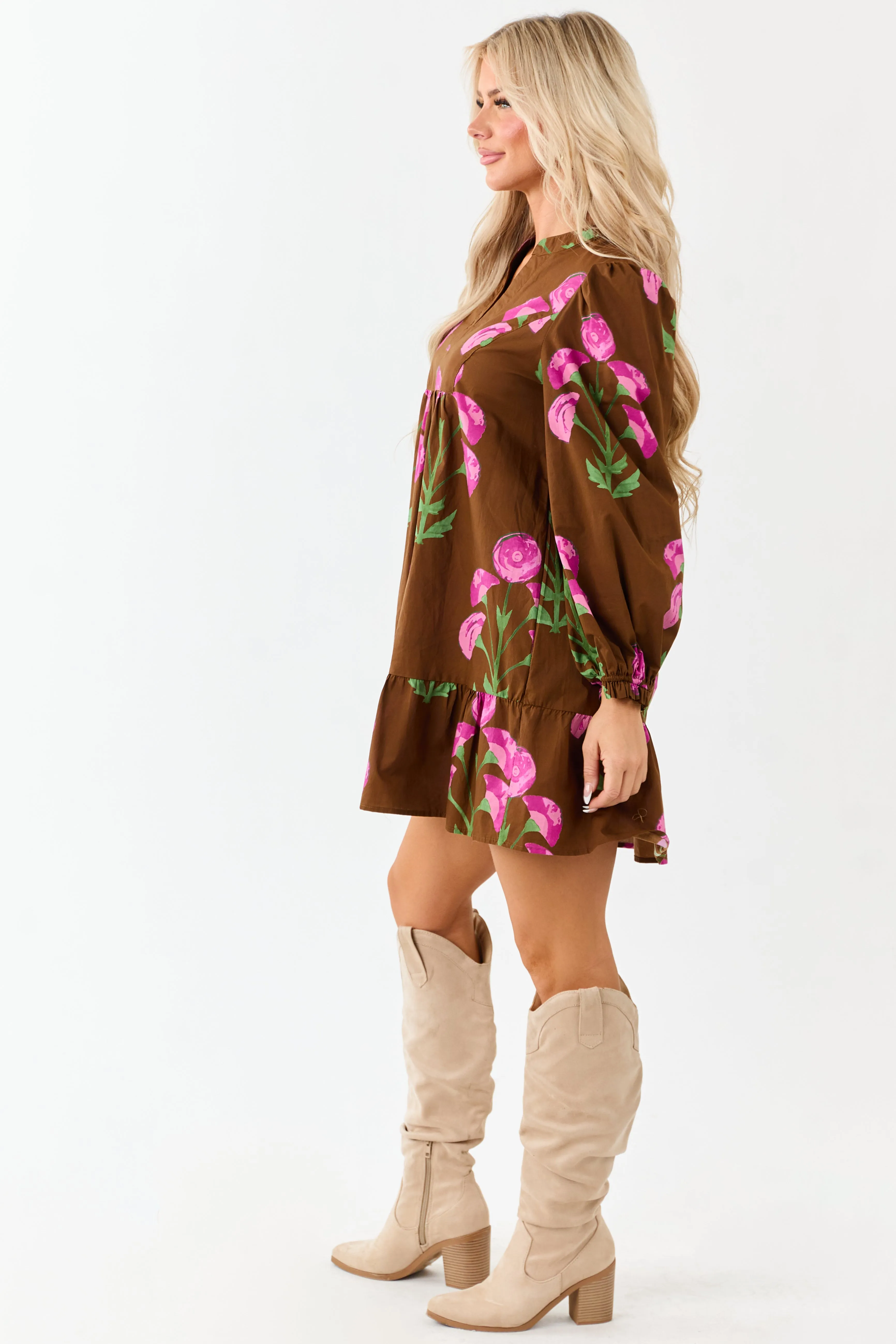 Sepia Floral Print Long Sleeve Cotton Mini Dress sold by Lime Lush product image thumbnail 5