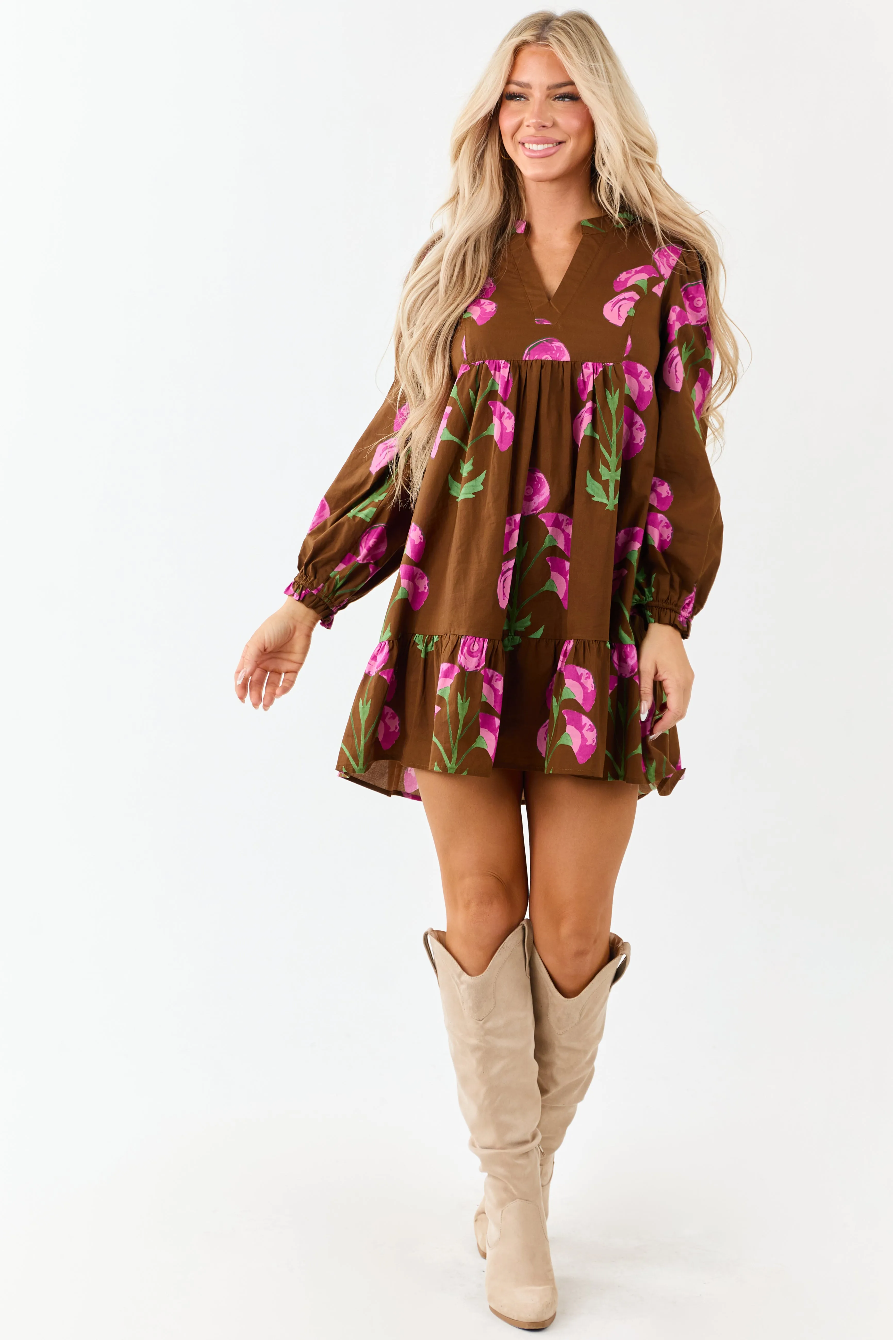 Sepia Floral Print Long Sleeve Cotton Mini Dress sold by Lime Lush product image thumbnail 2