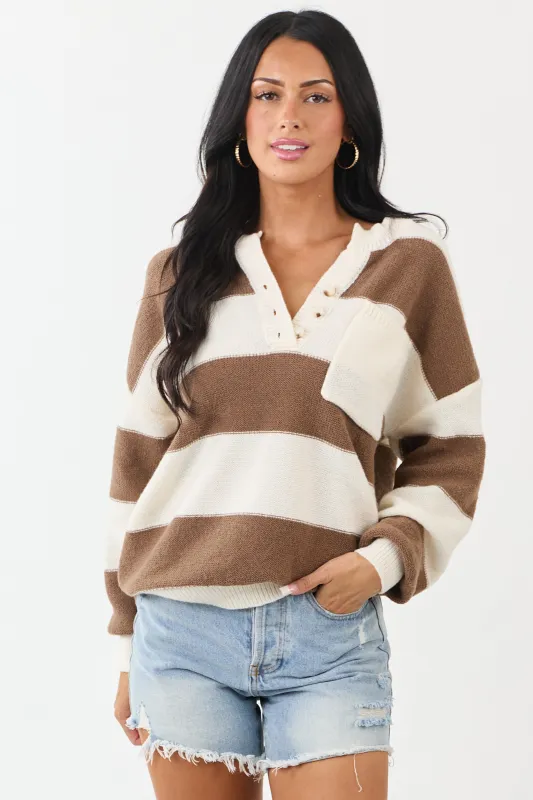 Cream and Coffee Thick Stripe Henley Sweater sold by Lime Lush