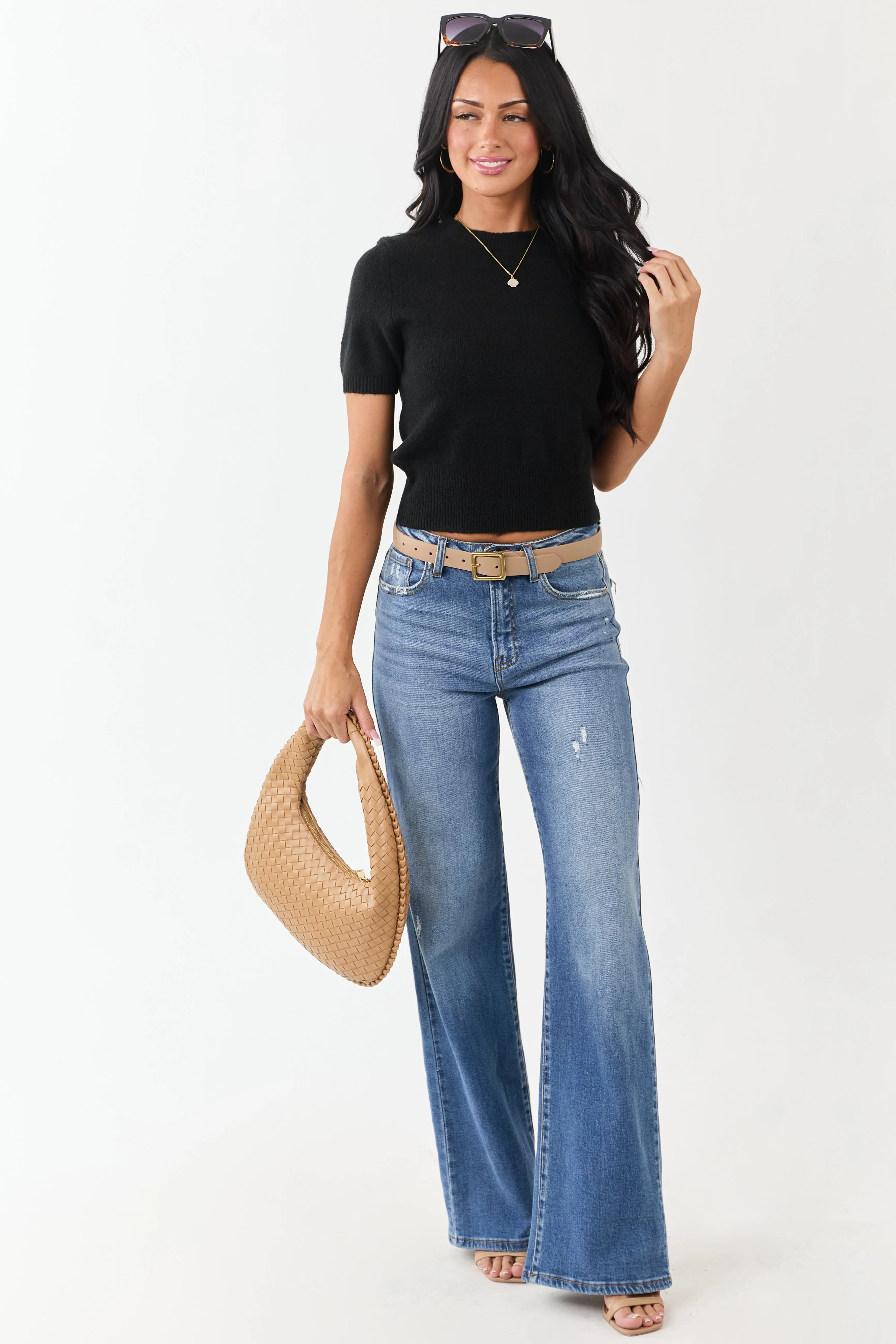 Black Short Sleeve Mid Length Knit Sweater Top sold by Lime Lush product image thumbnail 3