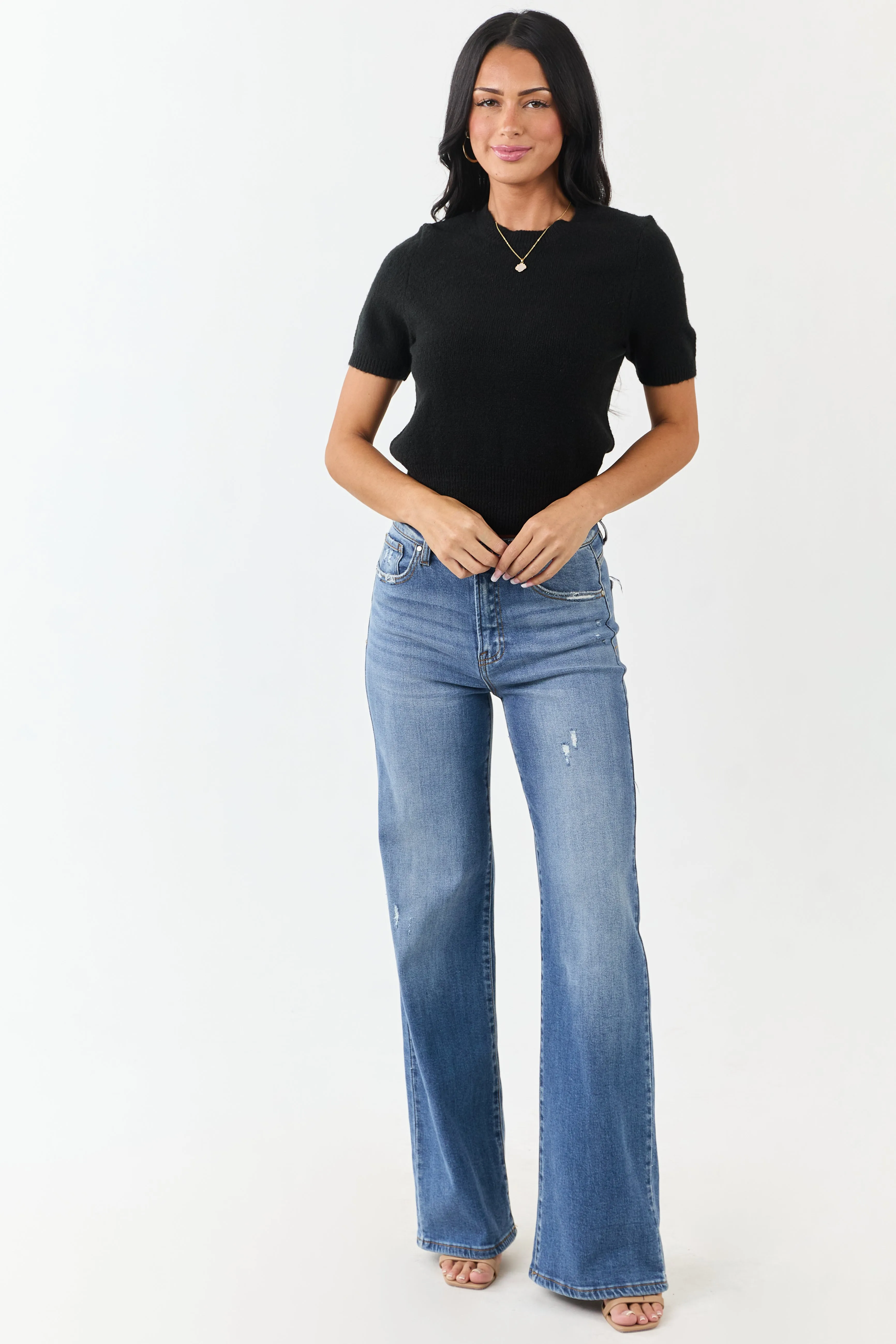 Black Short Sleeve Mid Length Knit Sweater Top sold by Lime Lush product image thumbnail 2