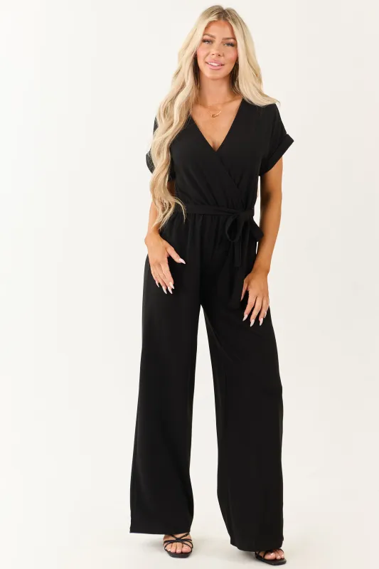 Black Wide Leg Waist Tie Surplice Bodice Jumpsuit sold by Lime Lush
