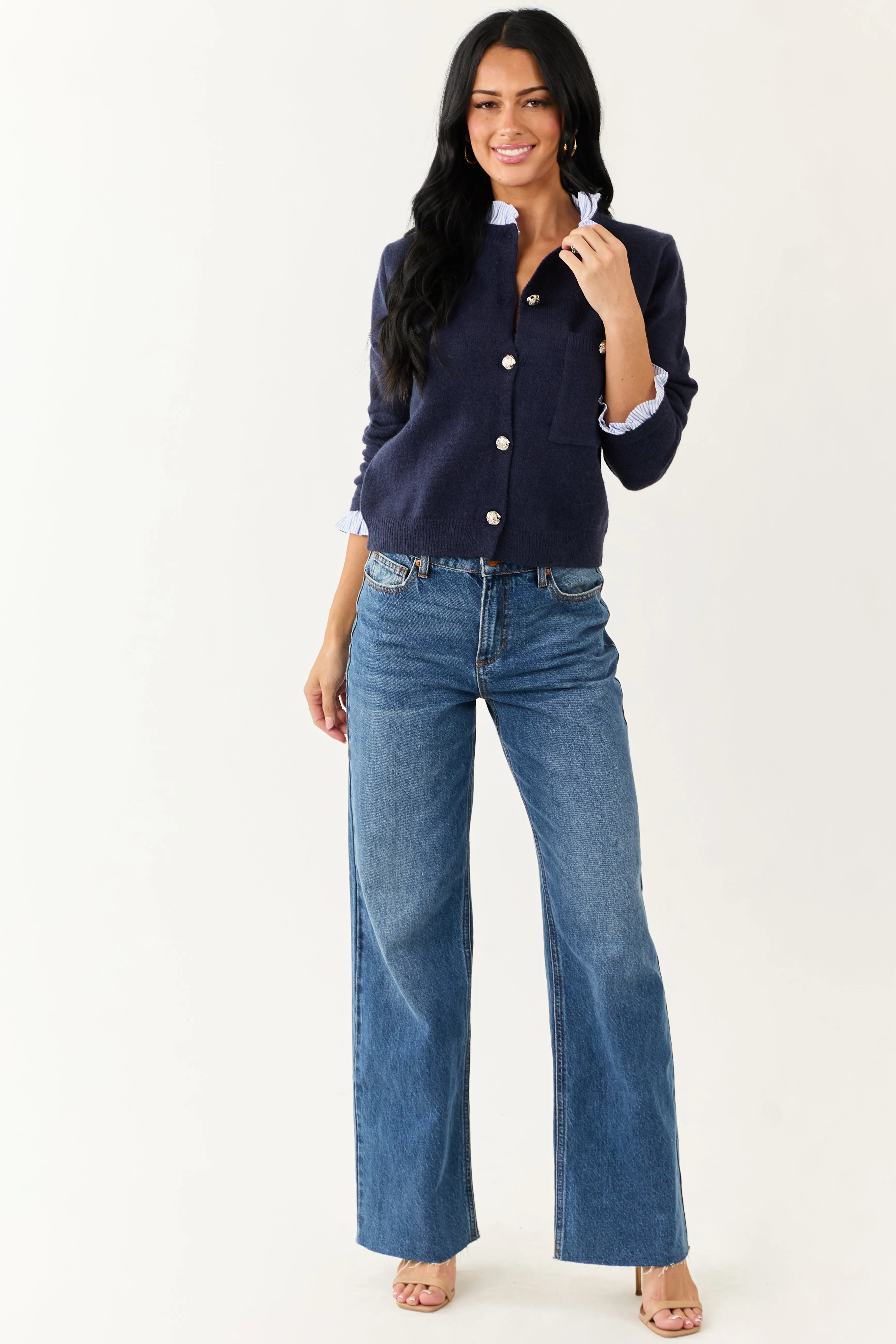Entro Navy Contrast Ruffle Button Down Cardigan sold by Lime Lush product image thumbnail 3