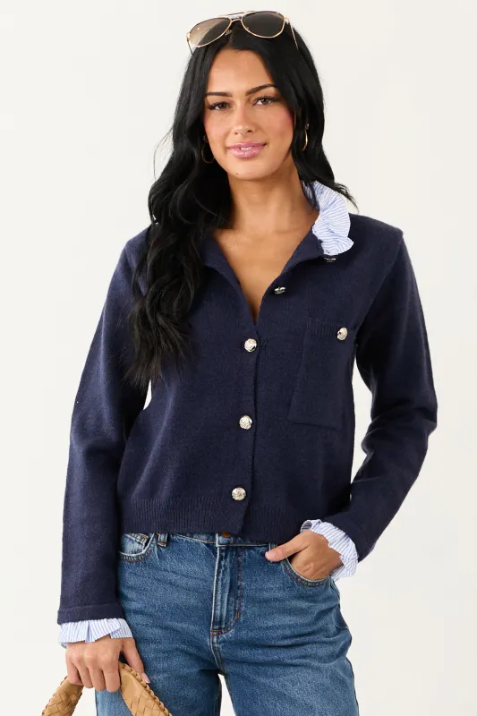 Entro Navy Contrast Ruffle Button Down Cardigan sold by Lime Lush