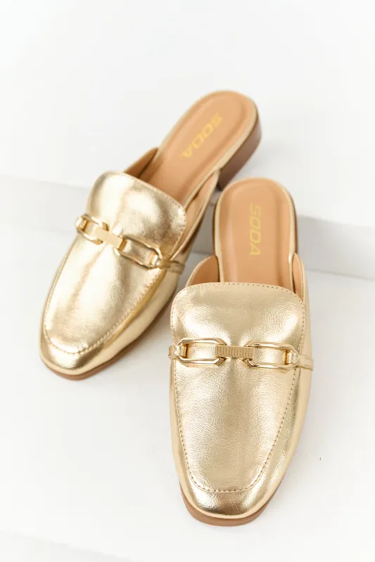 Gold Metallic Faux Leather Chain Link Mule Flats sold by Lime Lush
