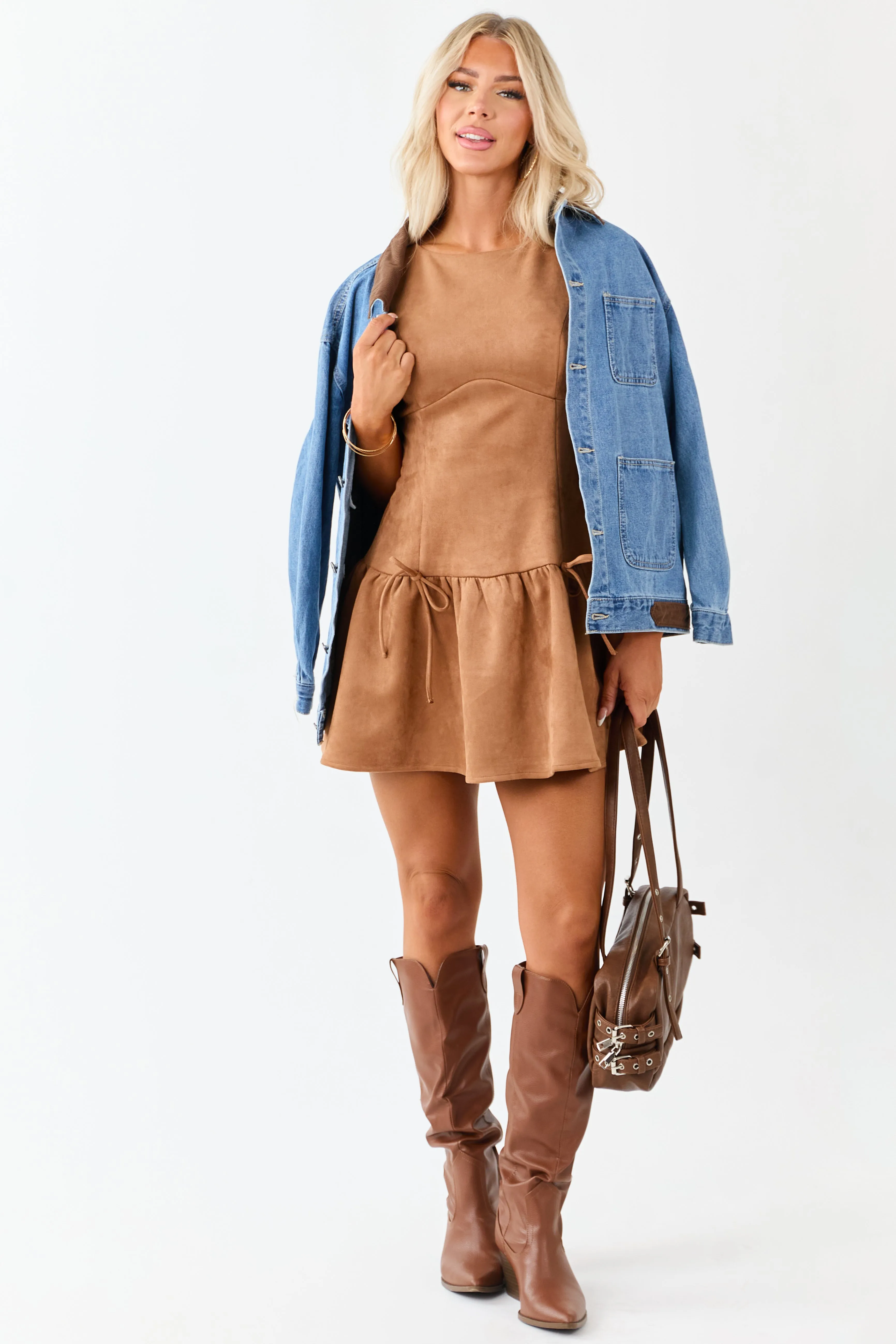 Cognac Faux Suede Drop Waist Ruffle Hem Mini Dress sold by Lime Lush product image thumbnail 4